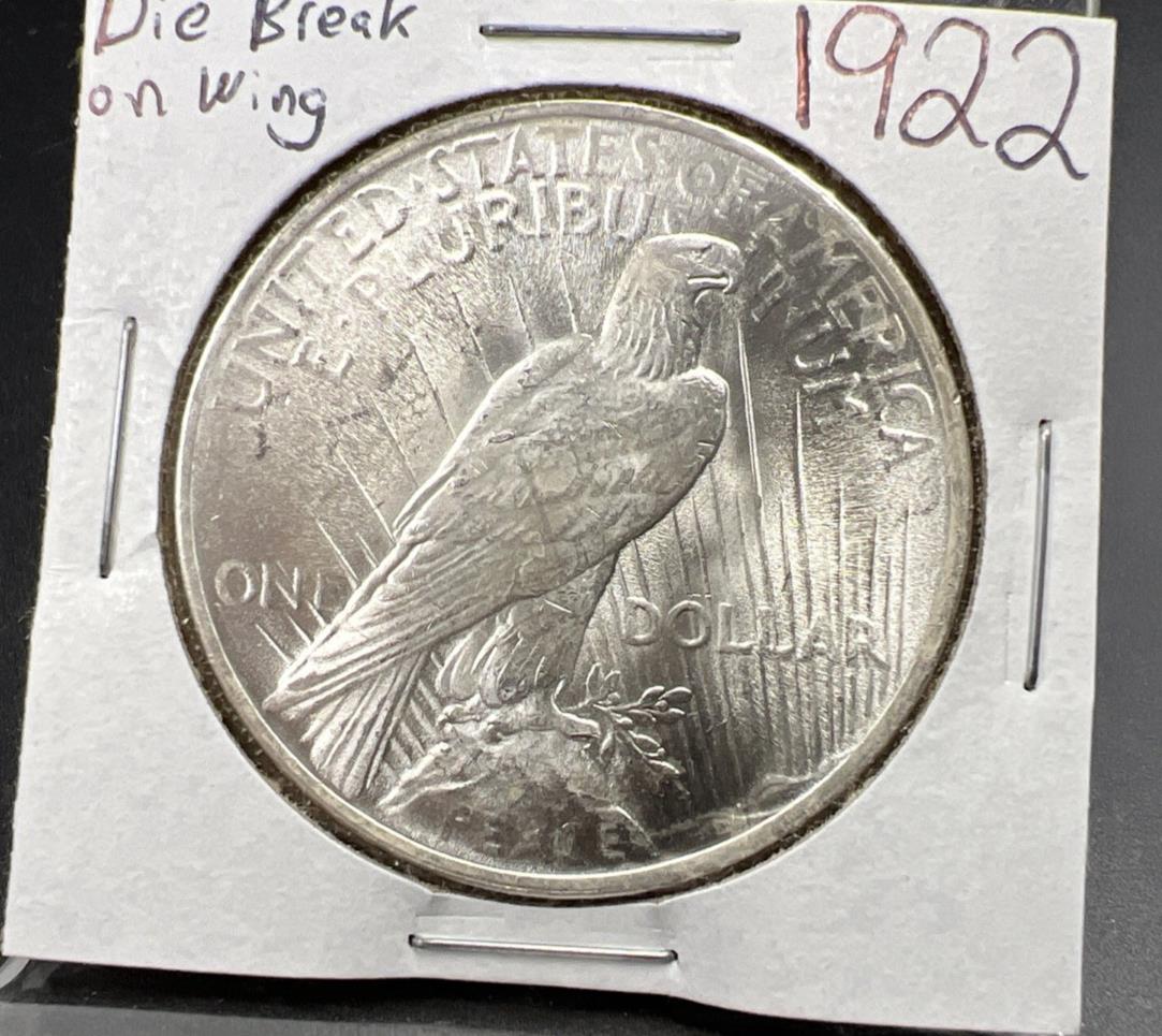 1922 P $1 Peace Silver Dollar Coin CH BU UNC Die Break on Wing VAM SK#B