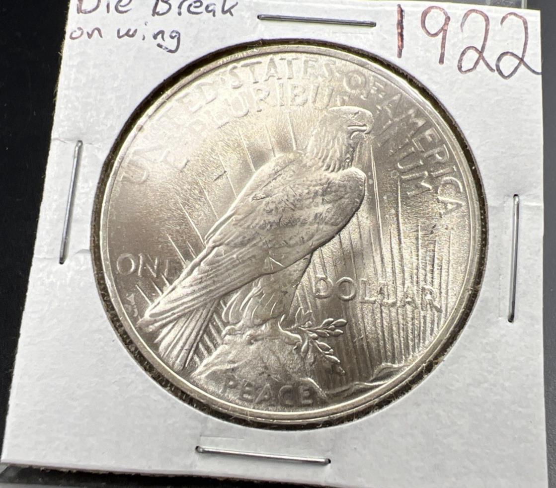 1922 P $1 Peace Silver Dollar Coin CH BU UNC Die Break on Wing VAM SK#A
