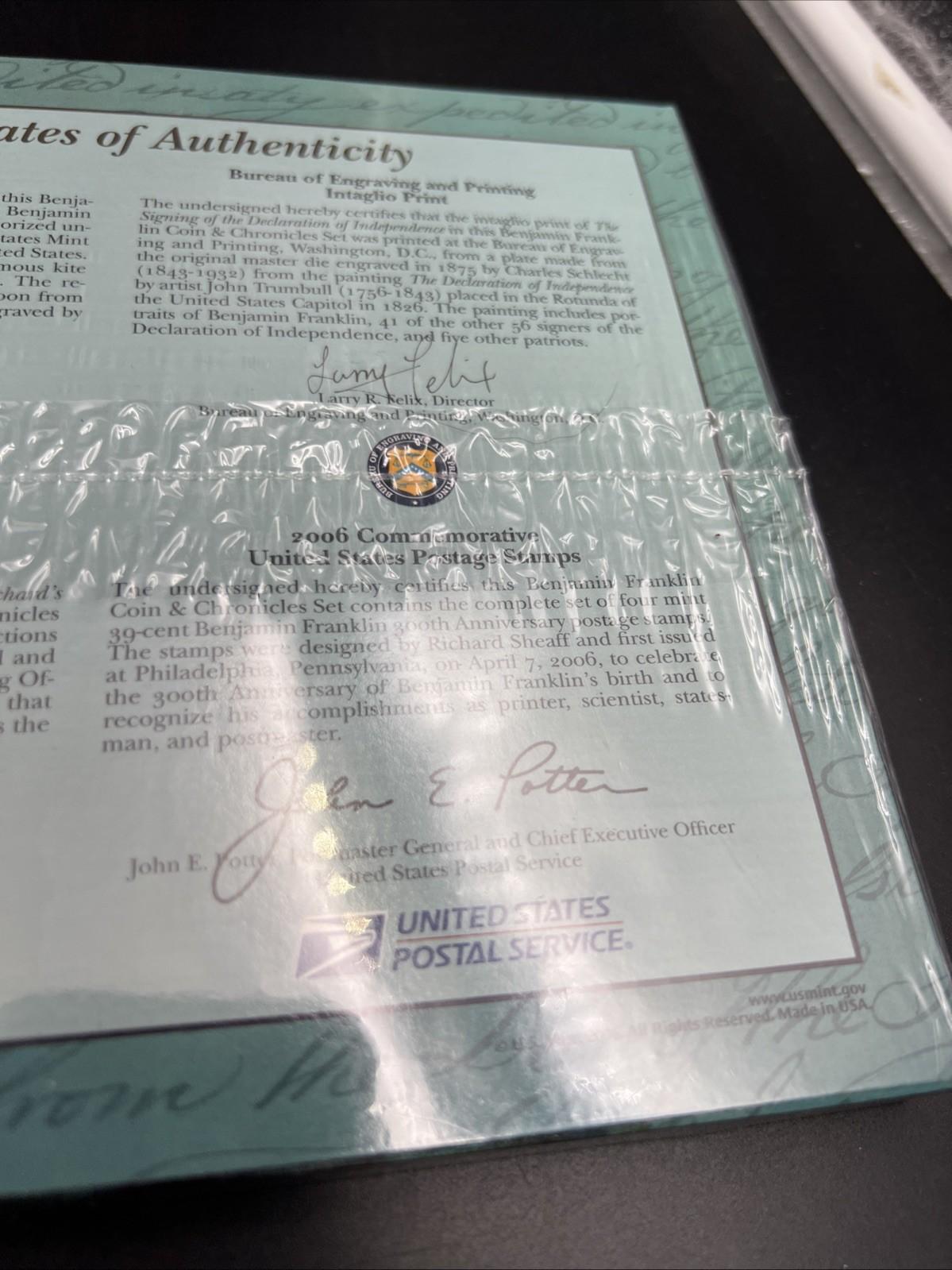 Sealed 2006 Benjamin Franklin Coin & Chronicles Commemorative Silver Dollar Set