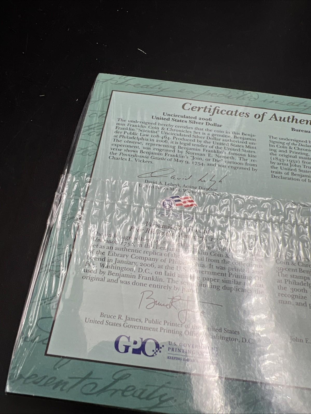 Sealed 2006 Benjamin Franklin Coin & Chronicles Commemorative Silver Dollar Set