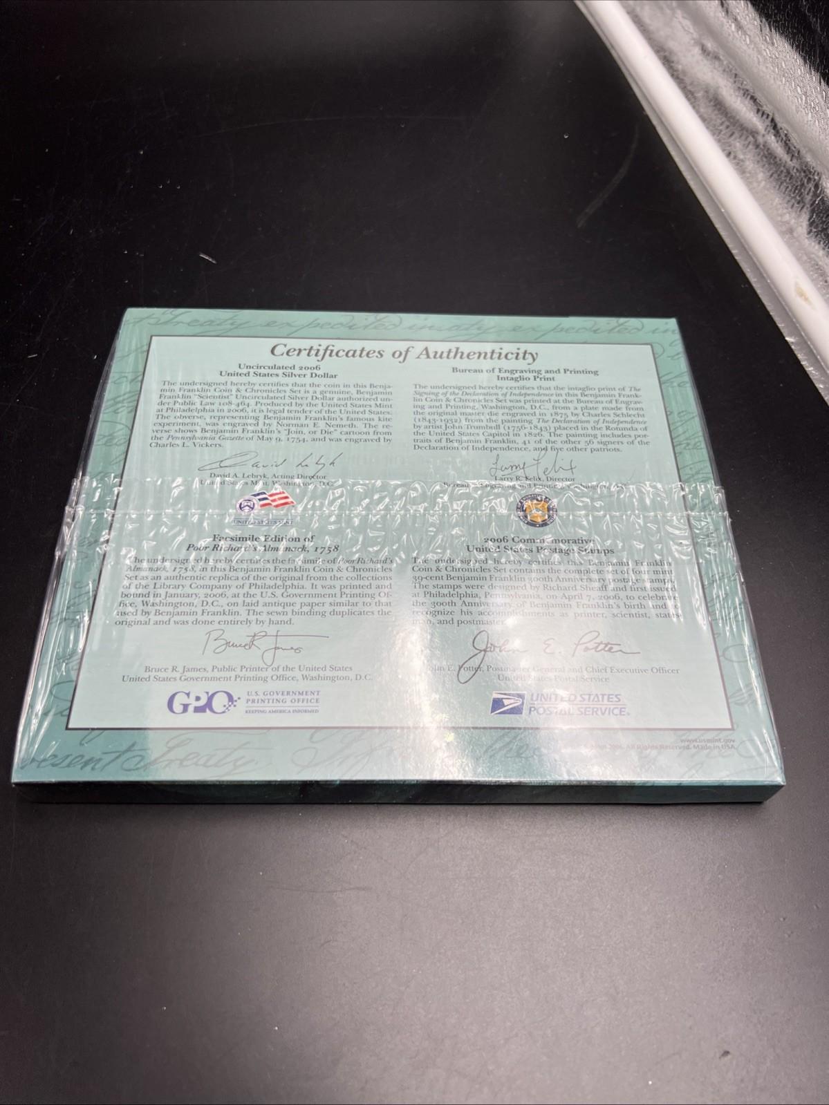 Sealed 2006 Benjamin Franklin Coin & Chronicles Commemorative Silver Dollar Set