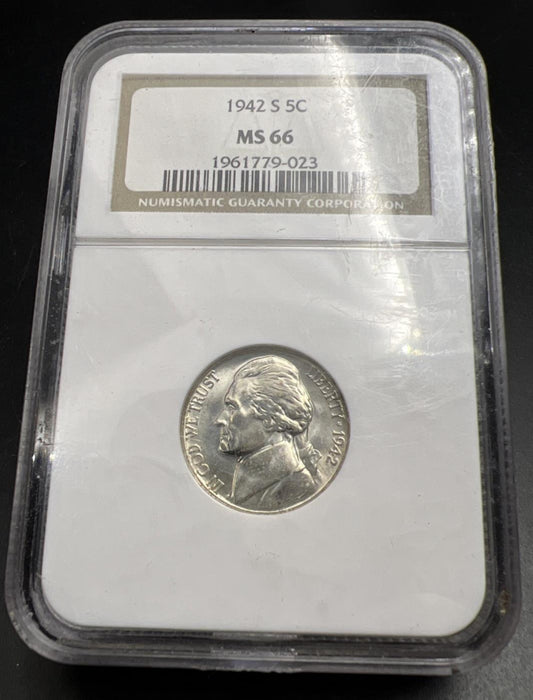 1942 S 5c 35% Silver War Nickel Jefferson NGC MS66 Gem BU Certified #023