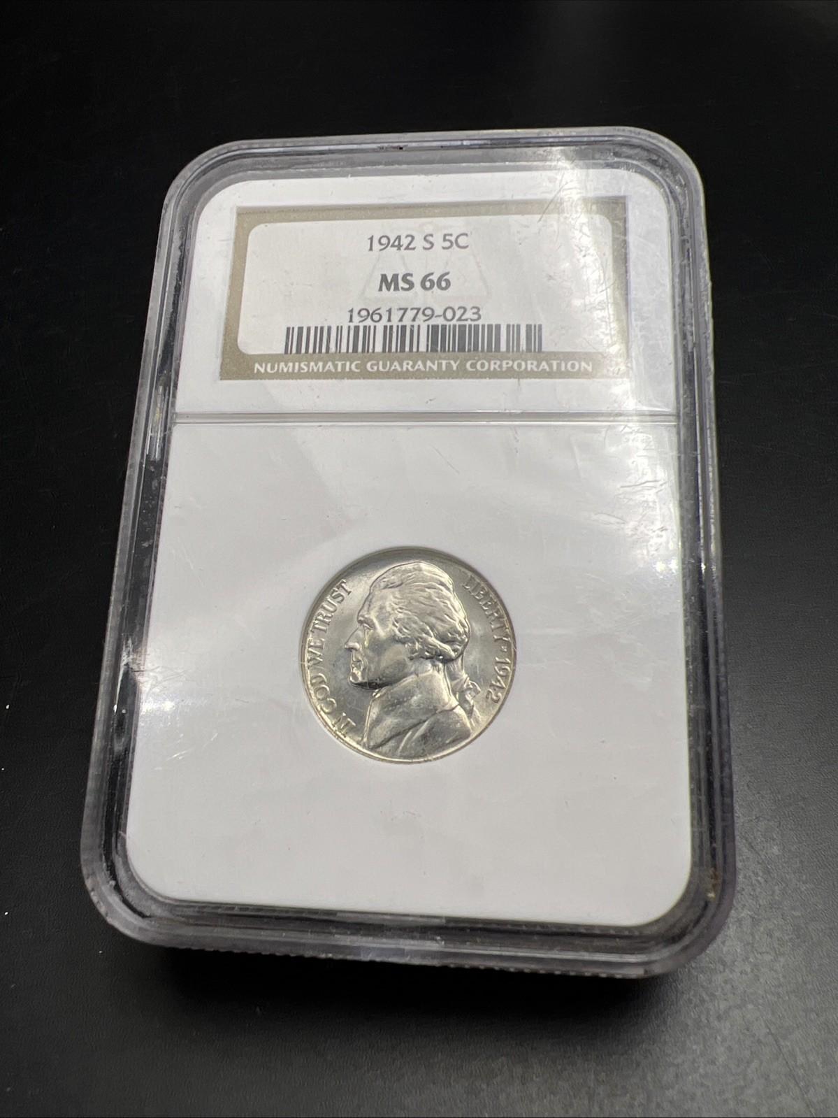 1942 S 5c 35% Silver War Nickel Jefferson NGC MS66 Gem BU Certified #023