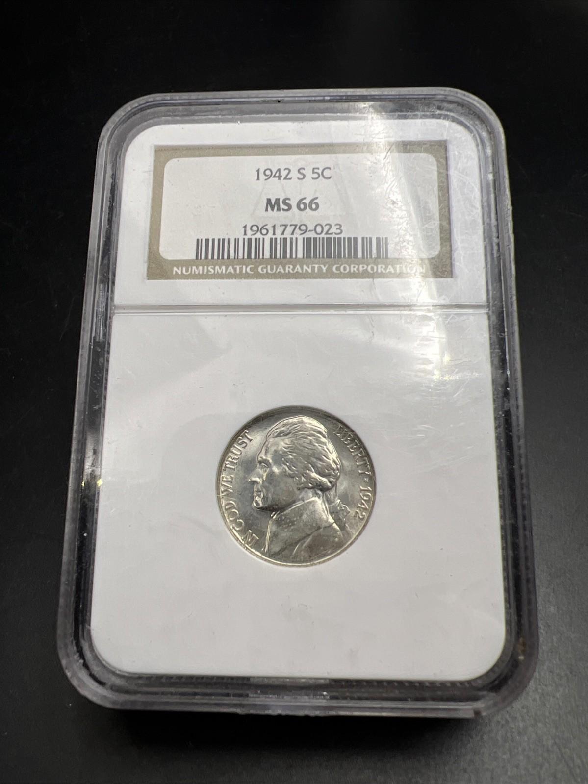 1942 S 5c 35% Silver War Nickel Jefferson NGC MS66 Gem BU Certified #023