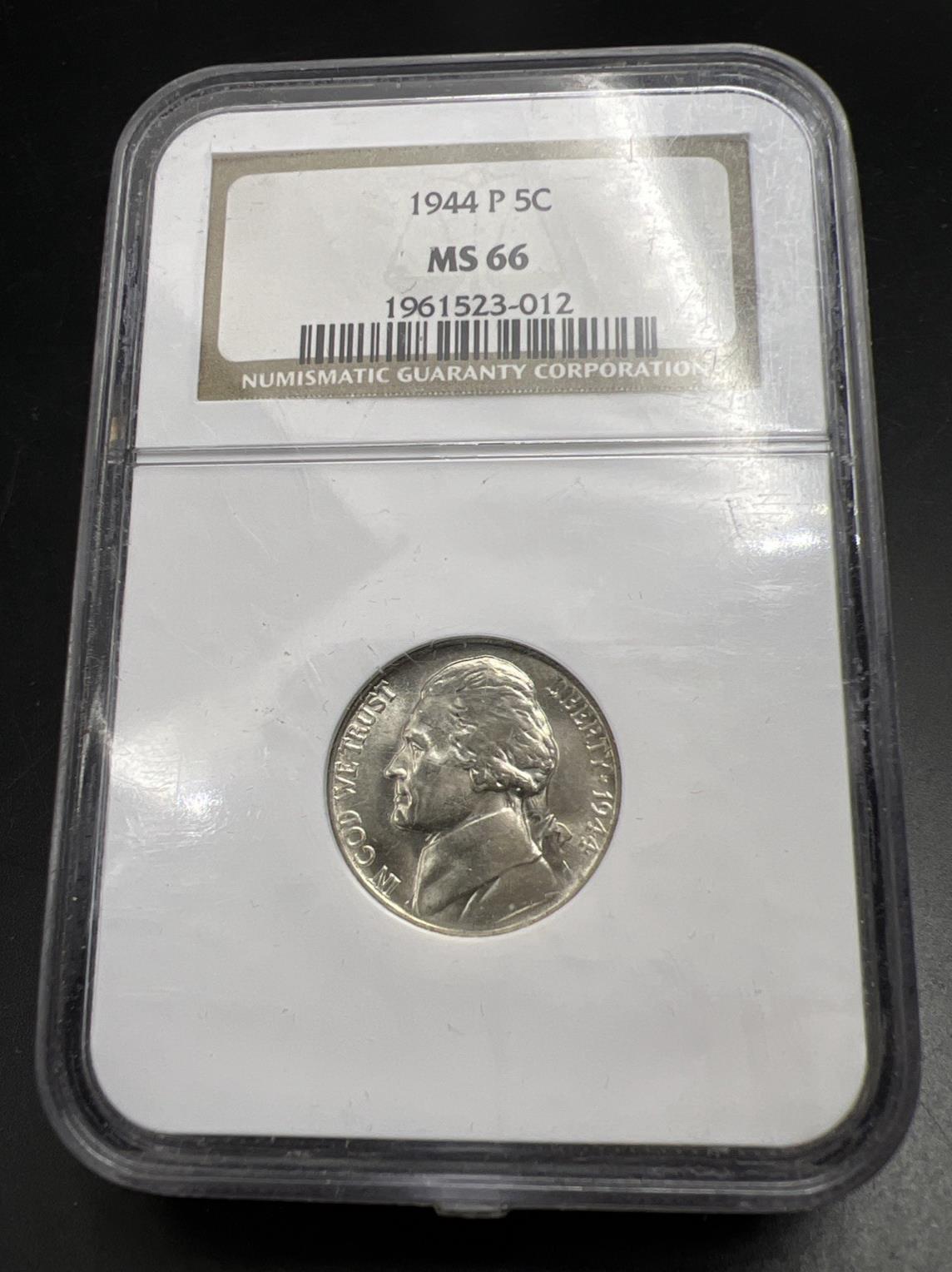 1944 P 5c 35% Silver War Nickel Jefferson NGC MS66 Gem BU Certified #012