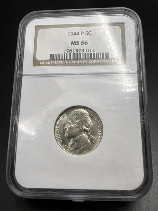 1944 P 5c 35% Silver War Nickel Jefferson NGC MS66 Gem BU Certified #012