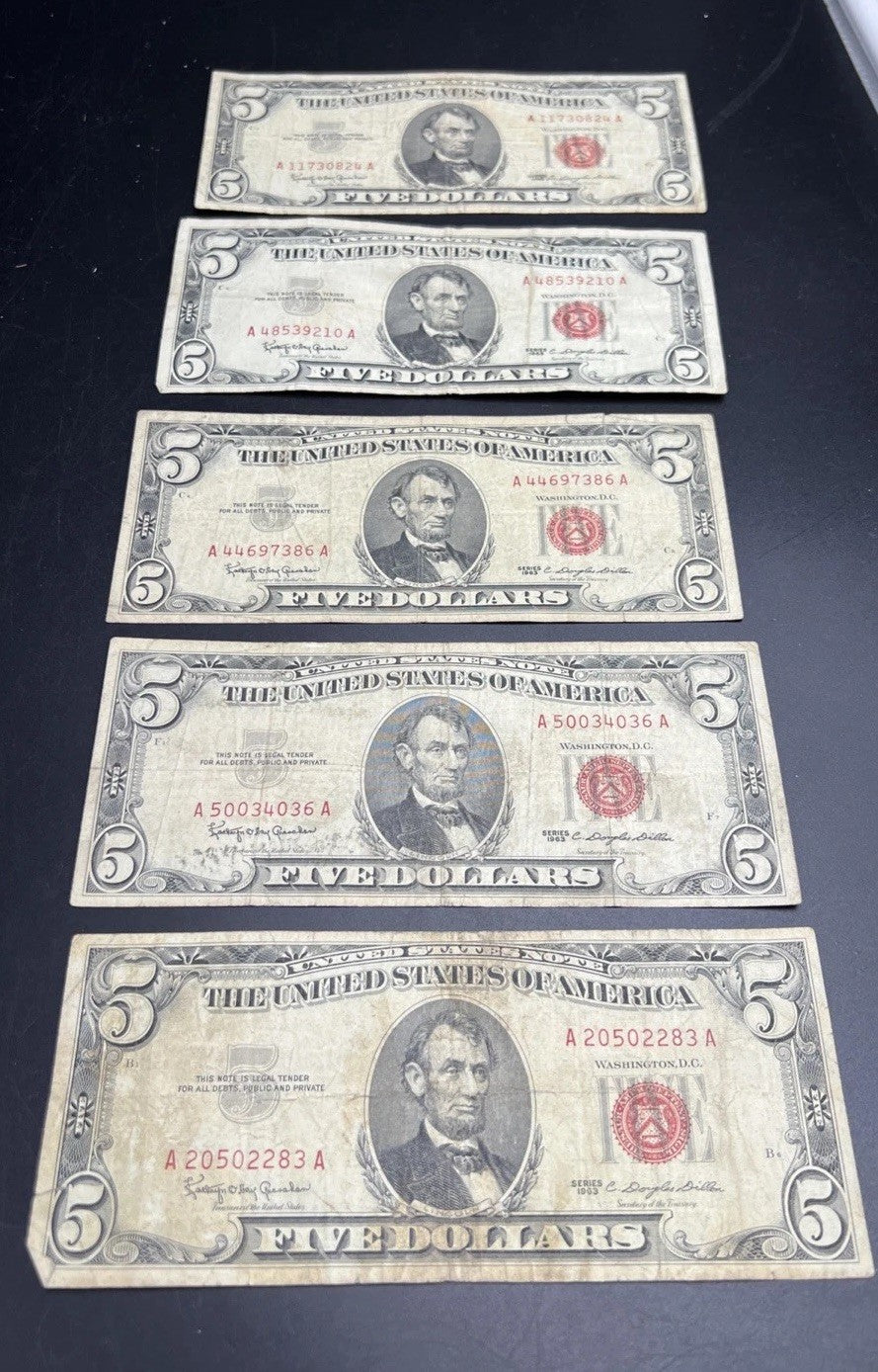 Lot Of 5 1963 USN United States Red Seal $5 Five Dollar Bill Notes G / VG #283