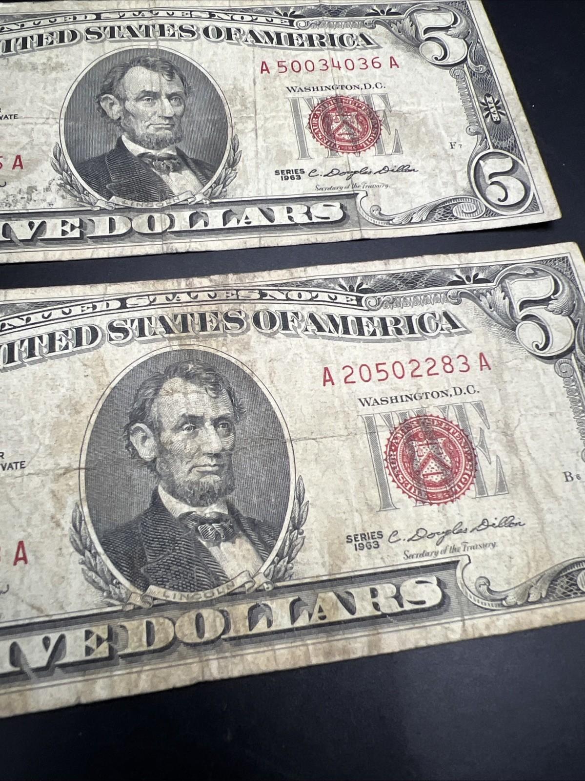 Lot Of 5 1963 USN United States Red Seal $5 Five Dollar Bill Notes G / VG #283