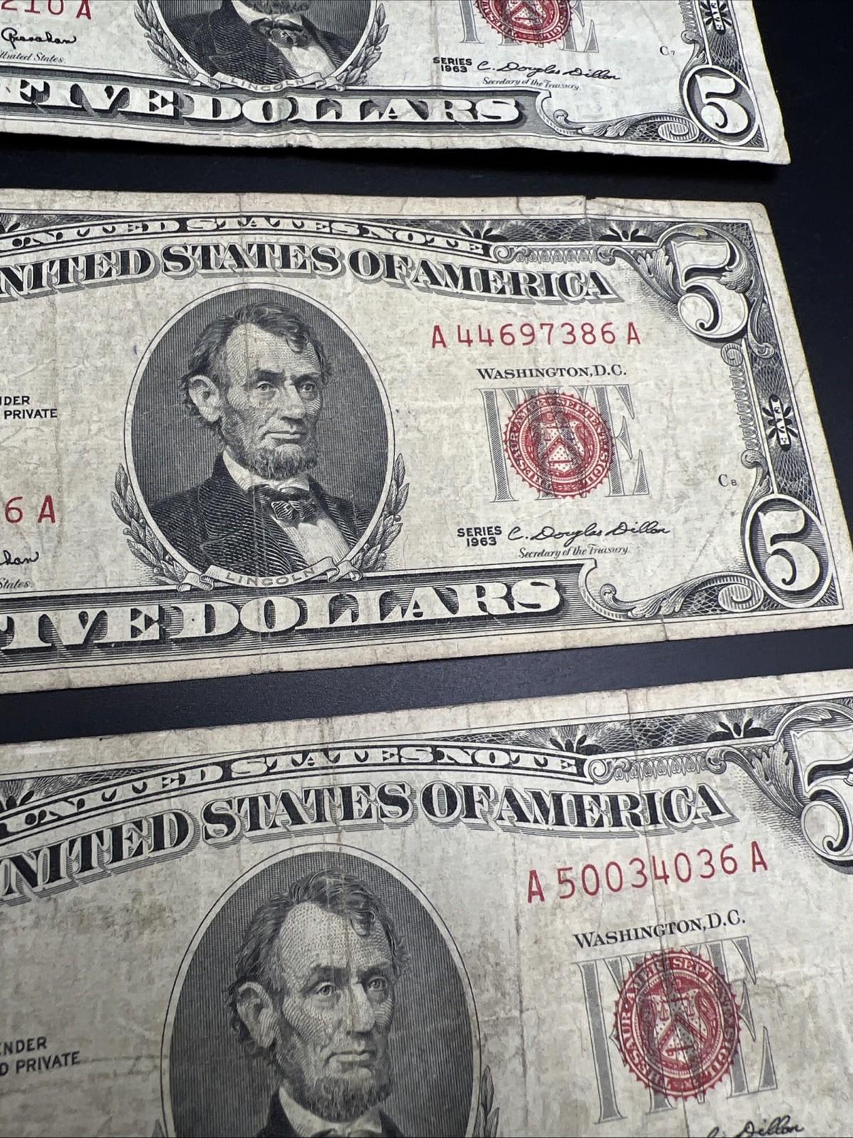 Lot Of 5 1963 USN United States Red Seal $5 Five Dollar Bill Notes G / VG #283