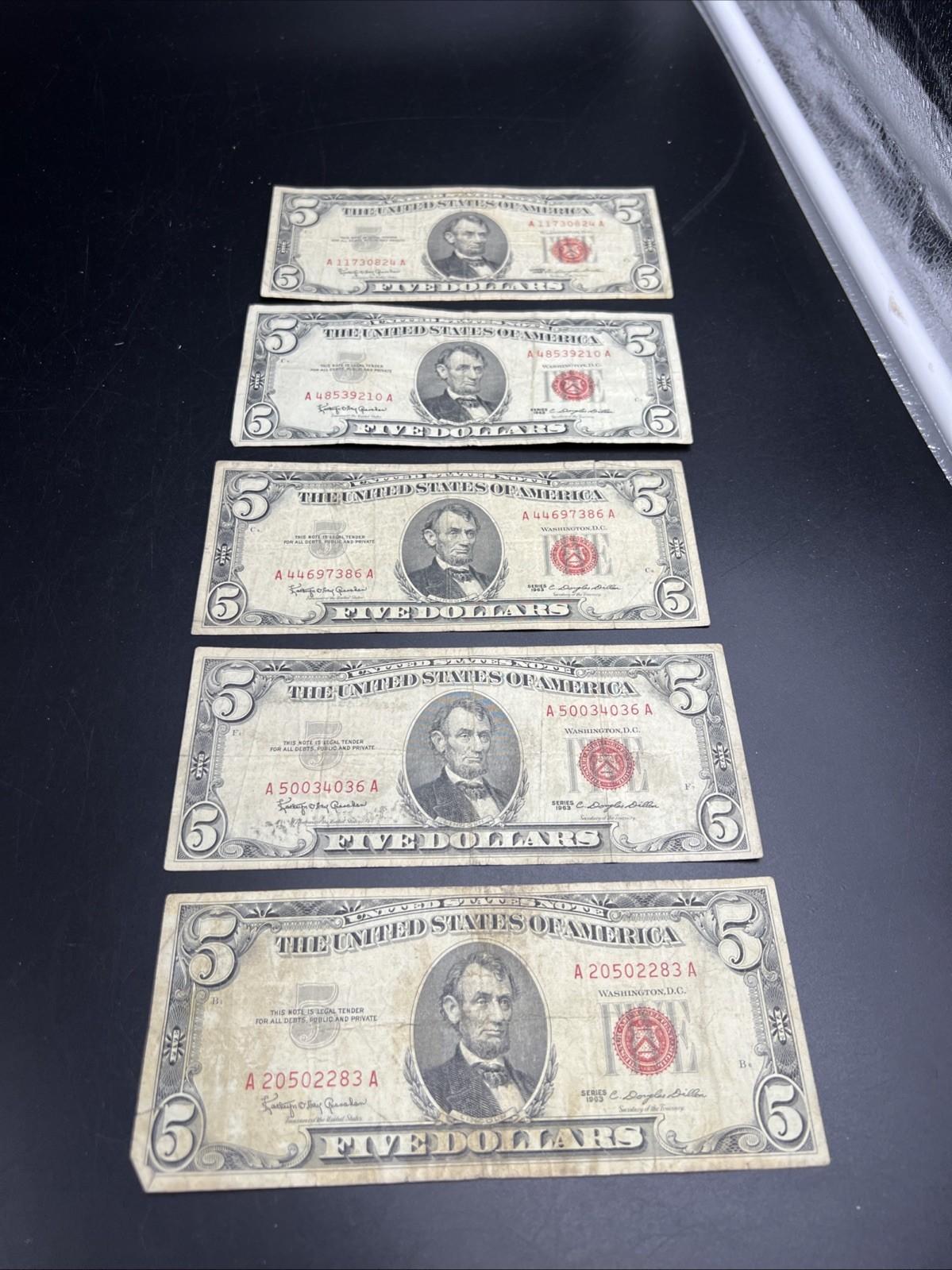 Lot Of 5 1963 USN United States Red Seal $5 Five Dollar Bill Notes G / VG #283