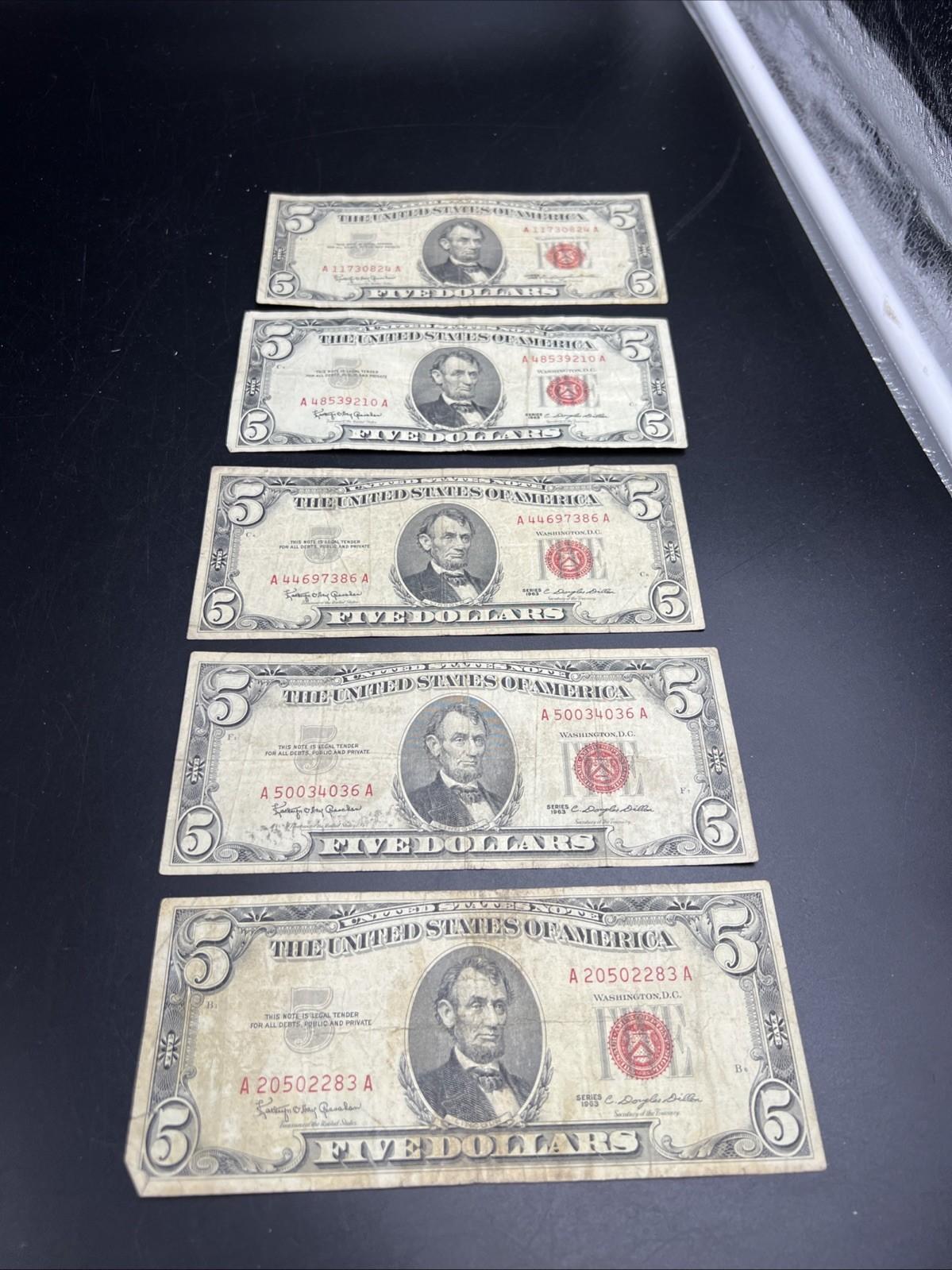 Lot Of 5 1963 USN United States Red Seal $5 Five Dollar Bill Notes G / VG #283