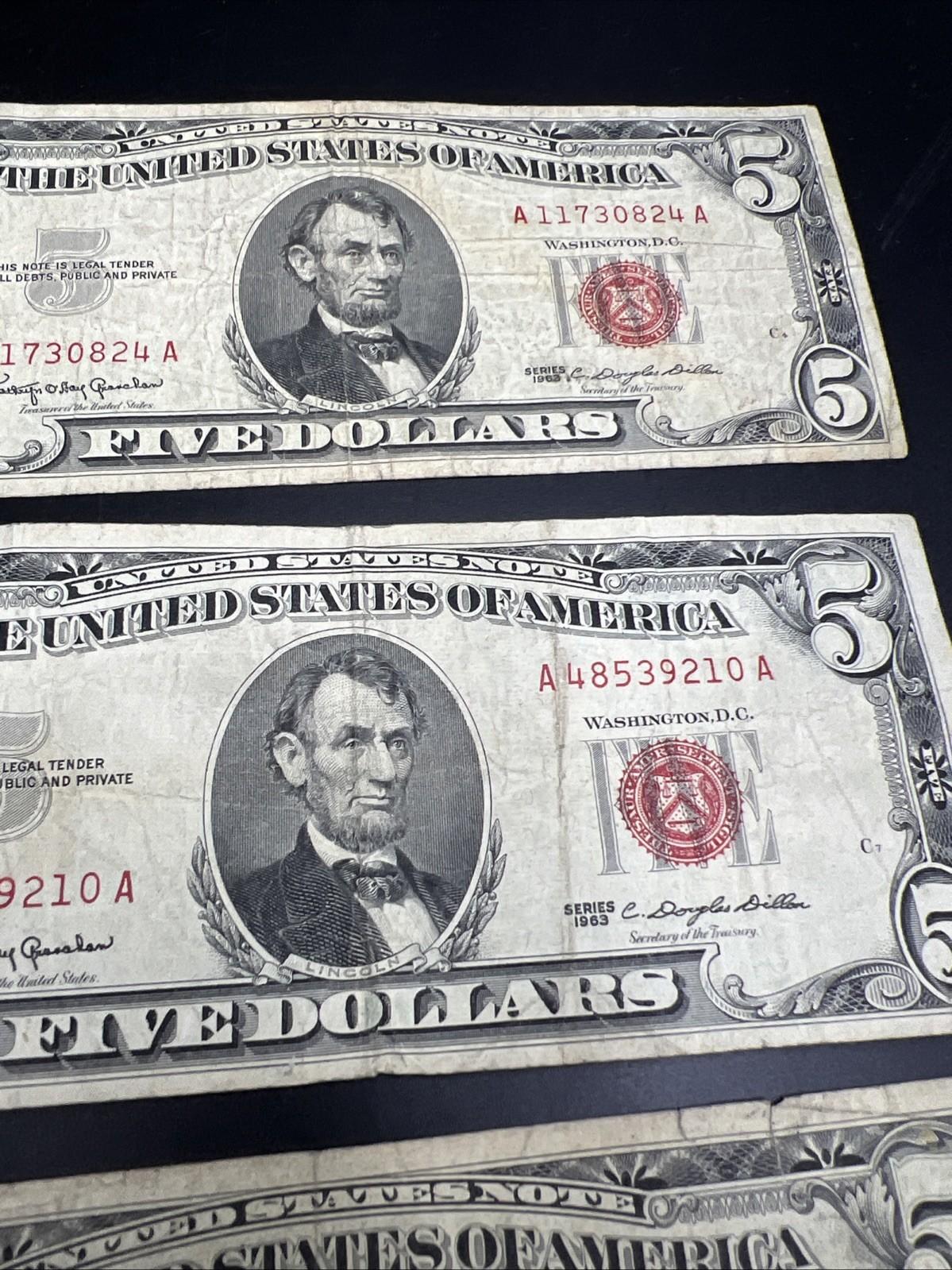 Lot Of 5 1963 USN United States Red Seal $5 Five Dollar Bill Notes G / VG #283
