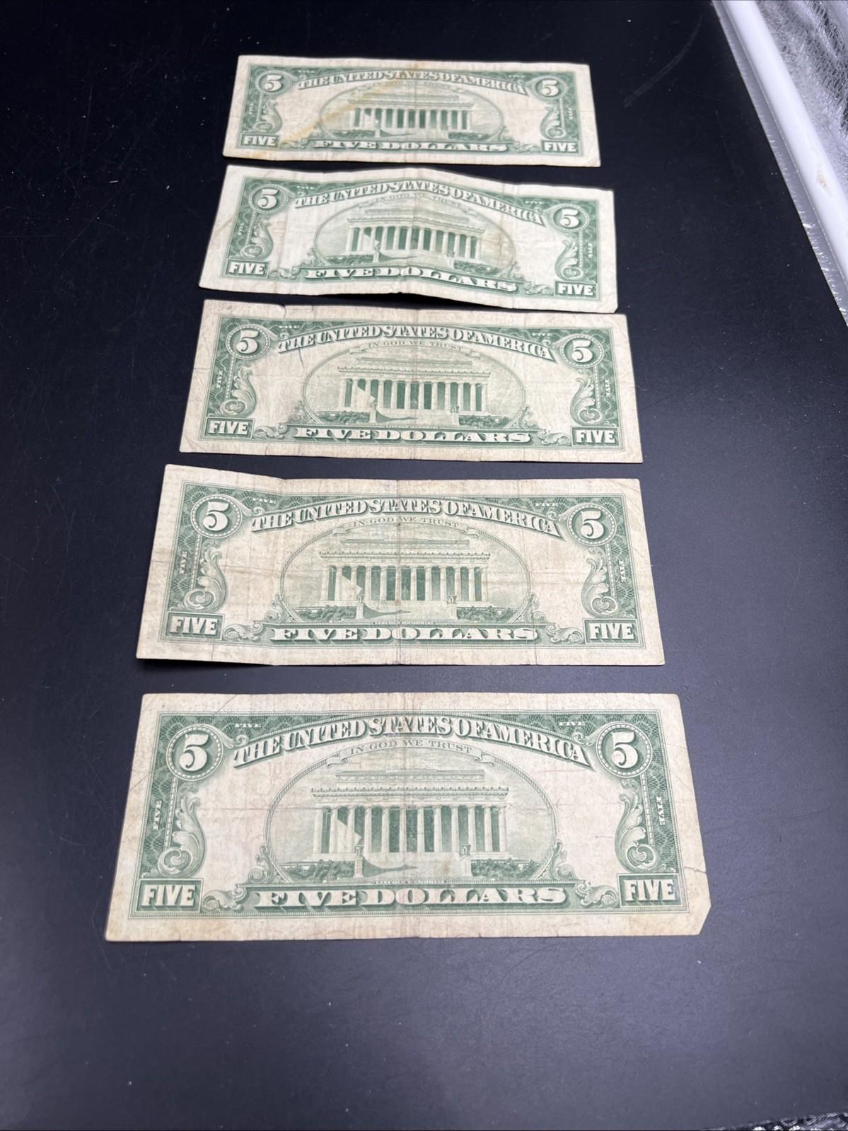 Lot Of 5 1963 USN United States Red Seal $5 Five Dollar Bill Notes G / VG #283