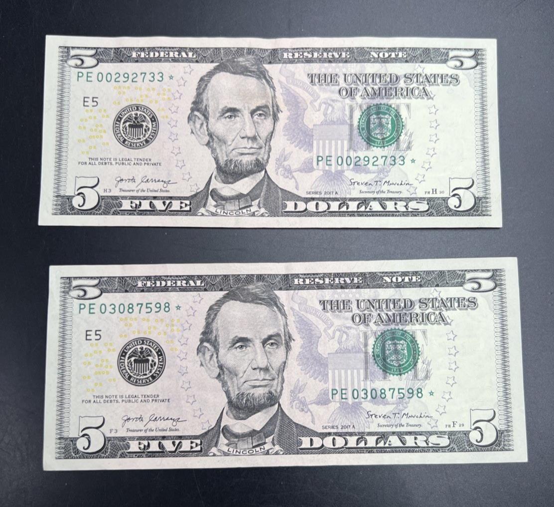 Lot Of 2 2017 A $5 * Star FRN Five Dollar Bills VF Circ Notes #598
