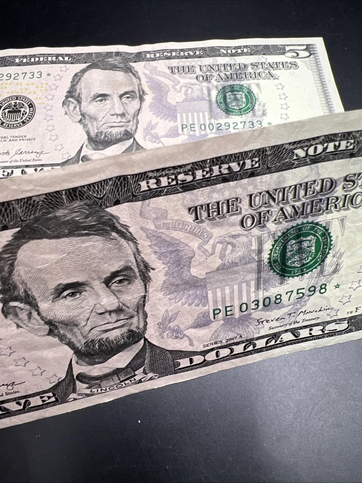 Lot Of 2 2017 A $5 * Star FRN Five Dollar Bills VF Circ Notes #598