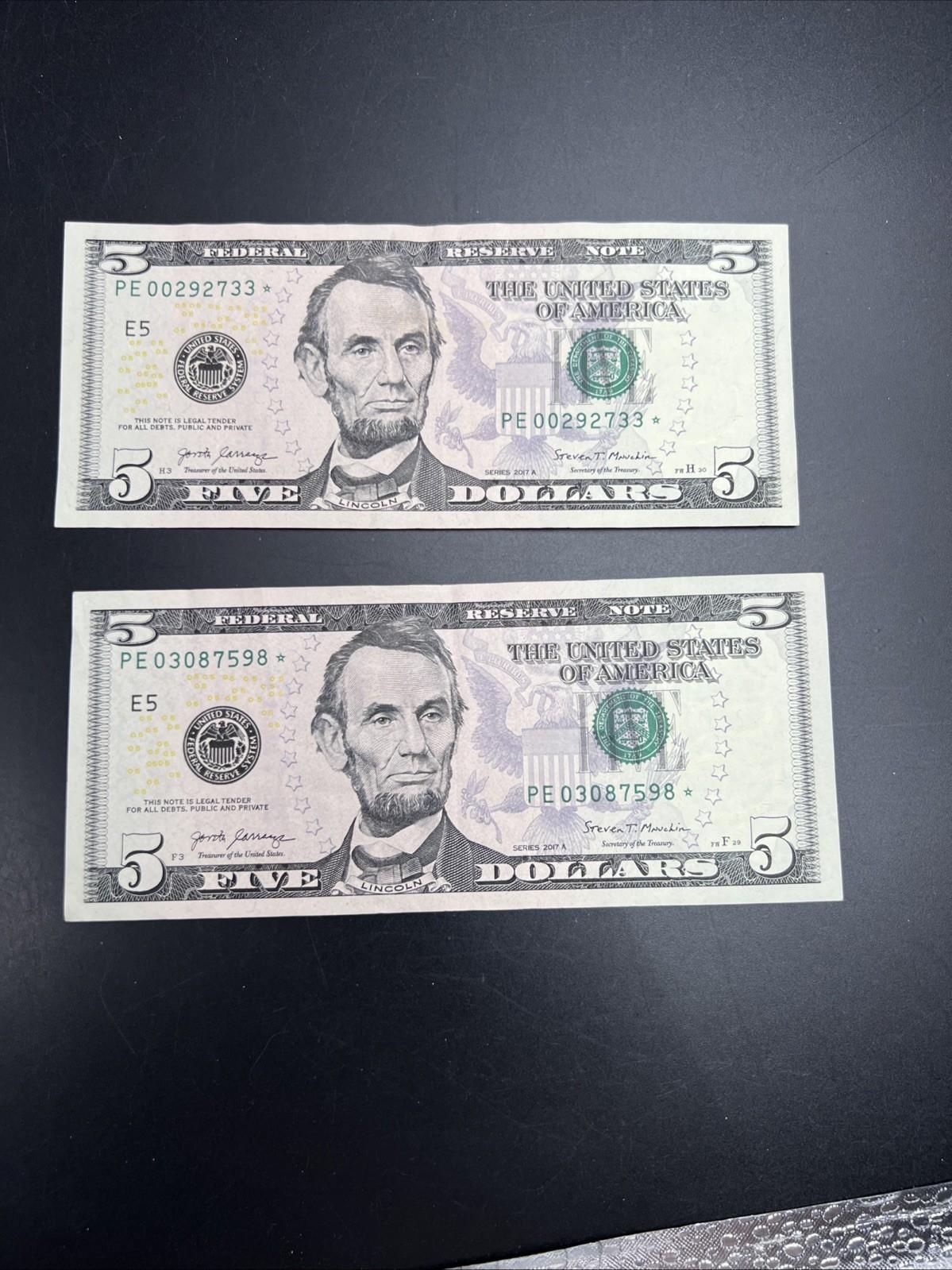 Lot Of 2 2017 A $5 * Star FRN Five Dollar Bills VF Circ Notes #598