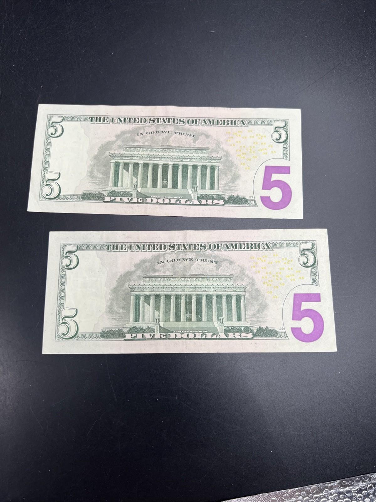 Lot Of 2 2017 A $5 * Star FRN Five Dollar Bills VF Circ Notes #598