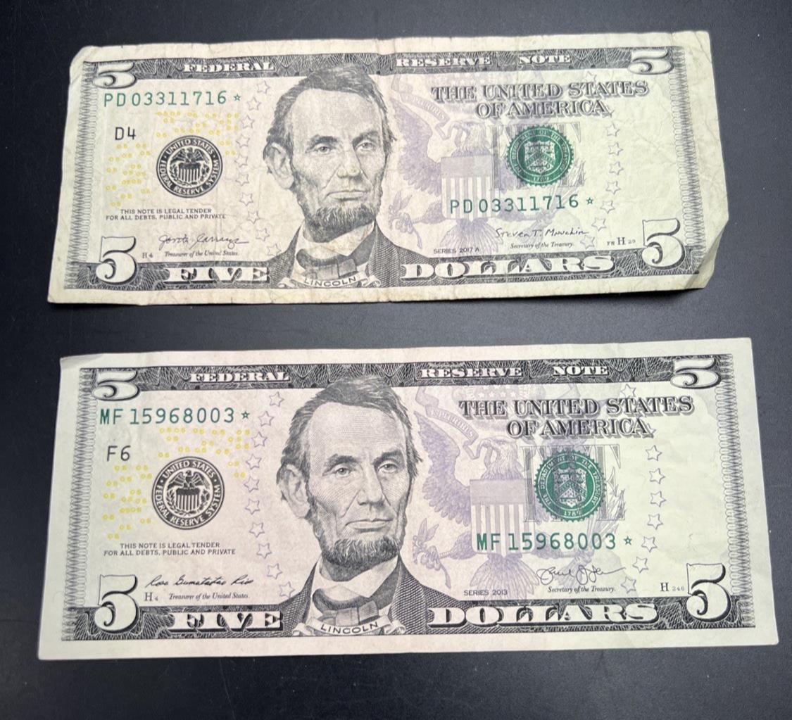 Lot Of 2 2017 A $5 * Star FRN Five Dollar Bills Fine Circ Notes #003