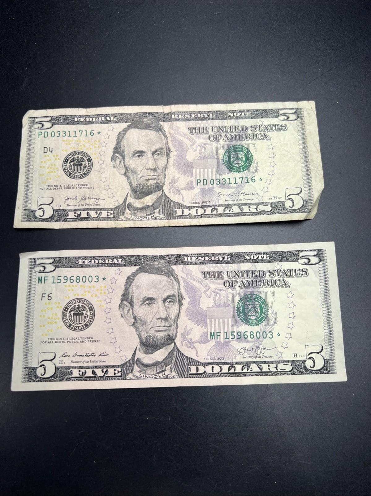 Lot Of 2 2017 A $5 * Star FRN Five Dollar Bills Fine Circ Notes #003