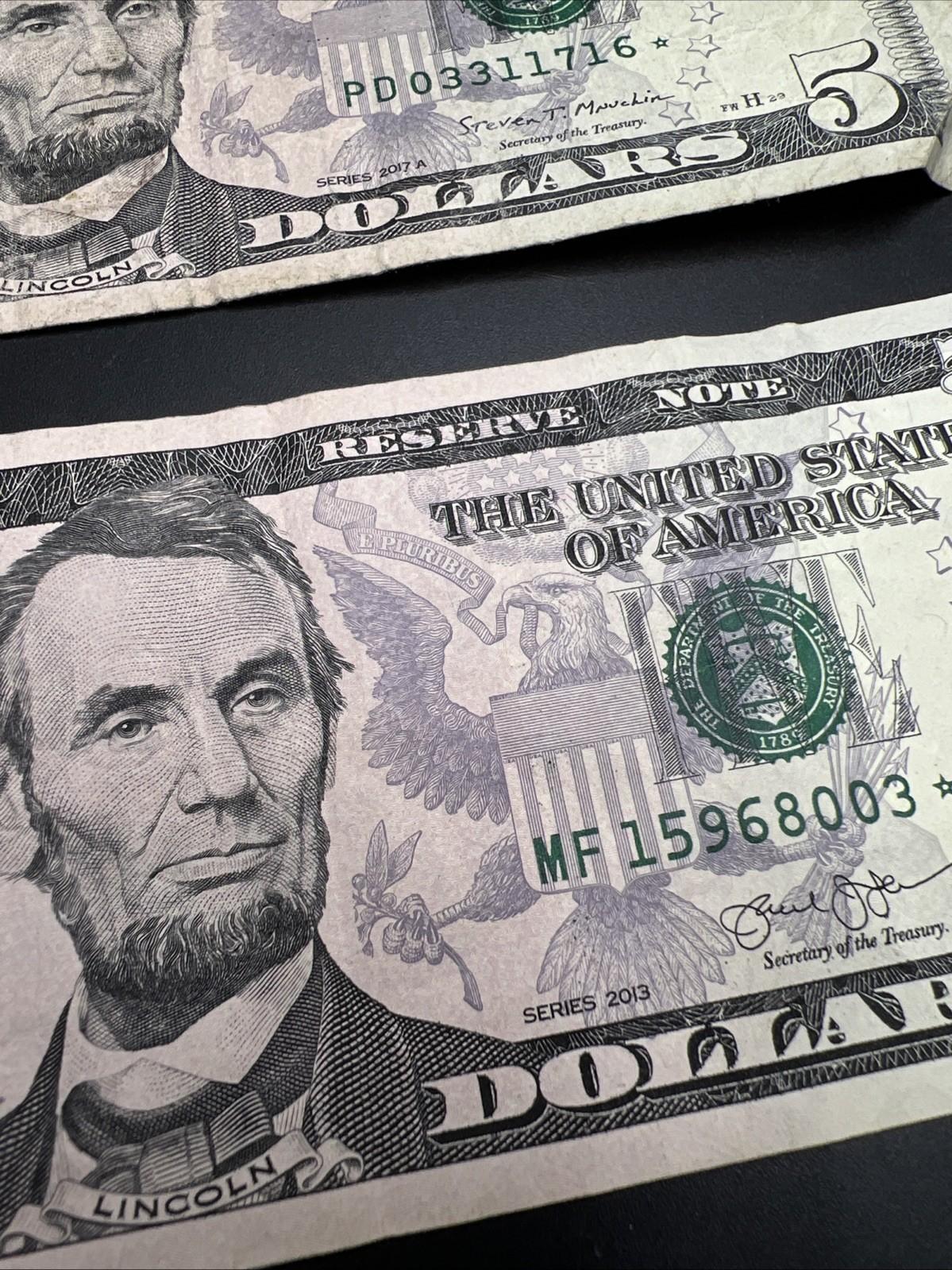 Lot Of 2 2017 A $5 * Star FRN Five Dollar Bills Fine Circ Notes #003