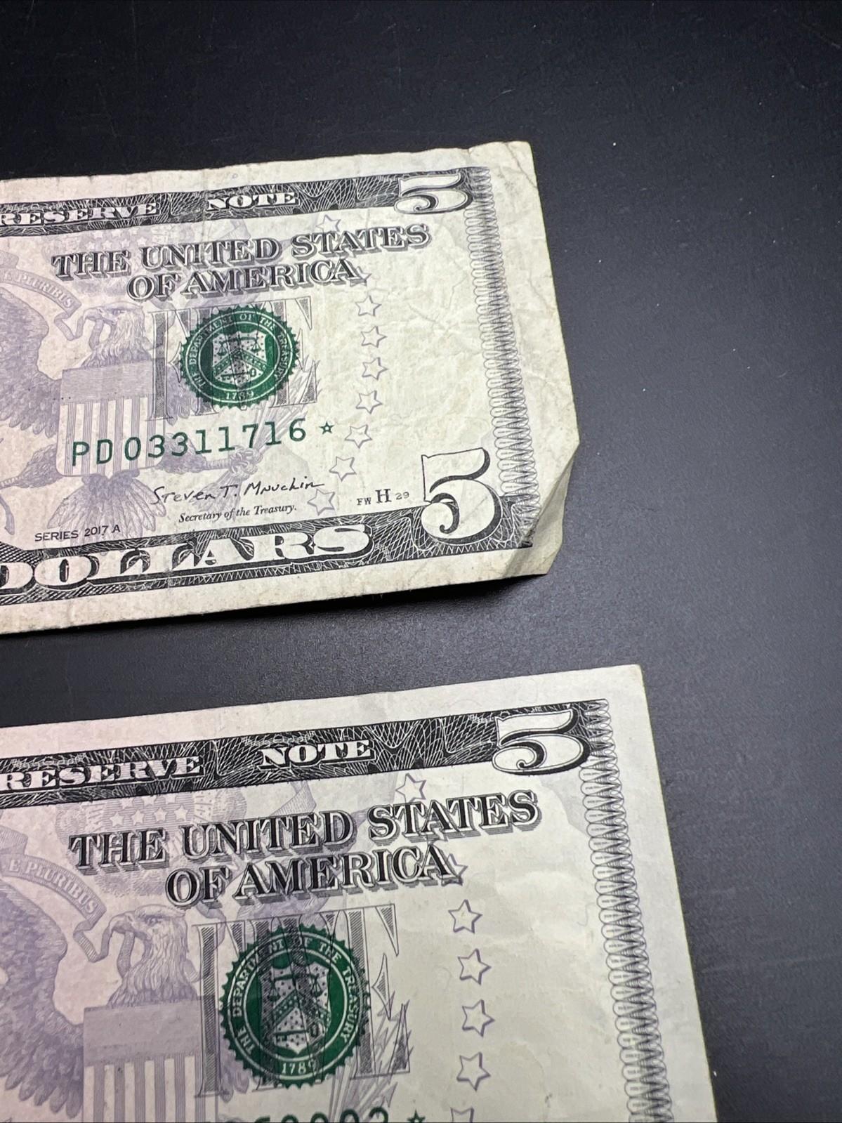 Lot Of 2 2017 A $5 * Star FRN Five Dollar Bills Fine Circ Notes #003