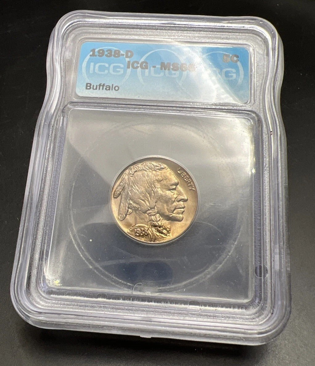 1938 D 5c Buffalo Nickel Coin GEM BU MS66 ICG Nice Strike & Luster #601