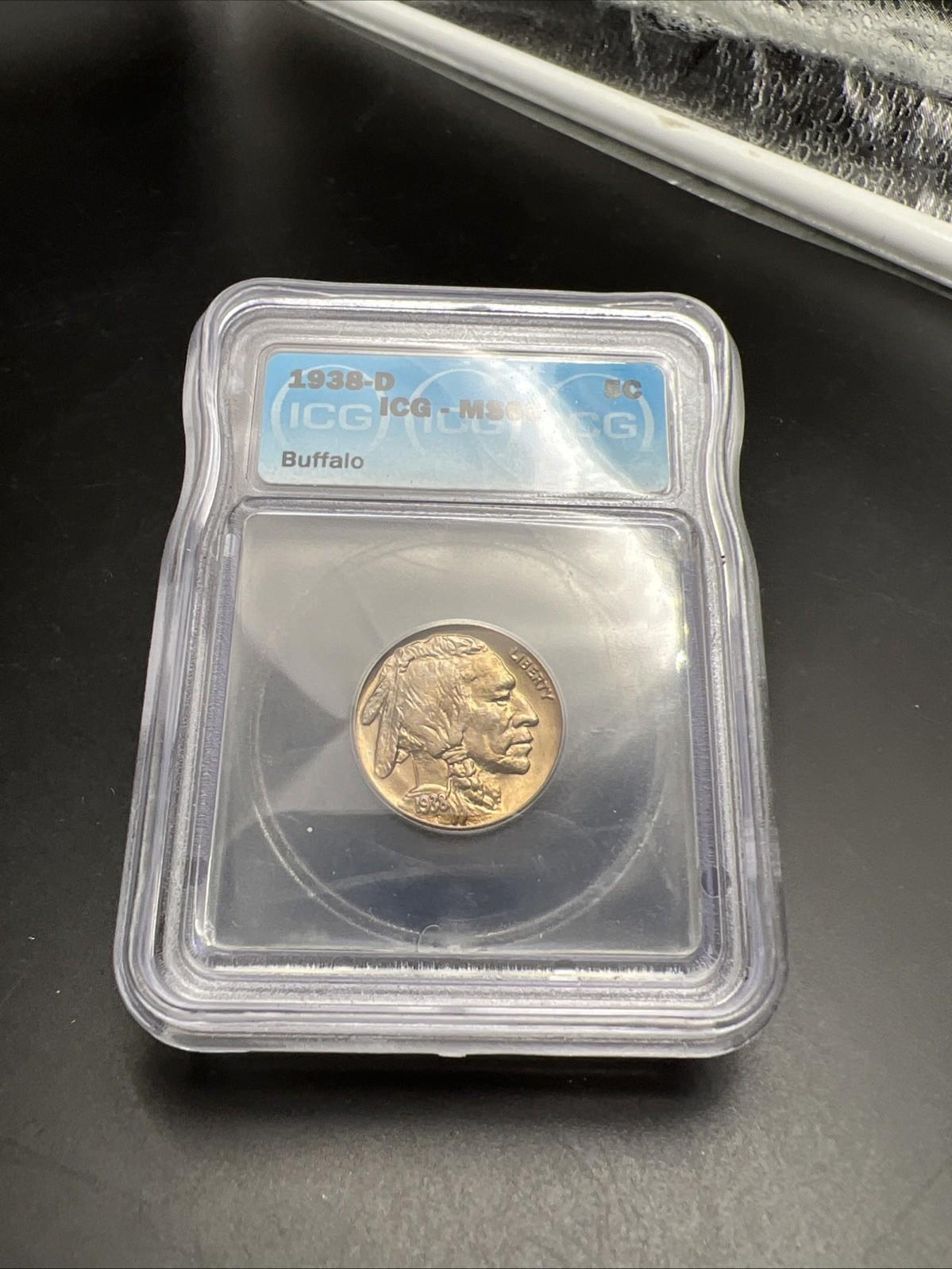 1938 D 5c Buffalo Nickel Coin GEM BU MS66 ICG Nice Strike & Luster #601