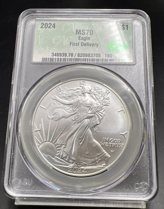 2024 1 Oz American Silver Eagle Coin CAC MS70 Gem UNC First Delivery #180