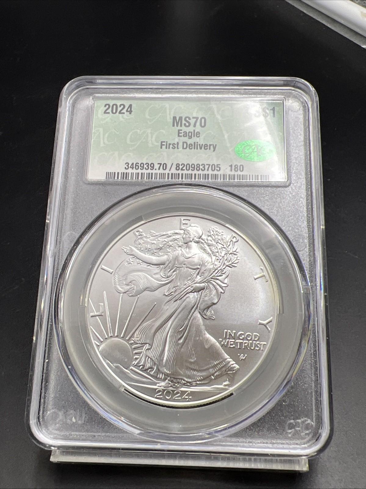 2024 1 Oz American Silver Eagle Coin CAC MS70 Gem UNC First Delivery #180
