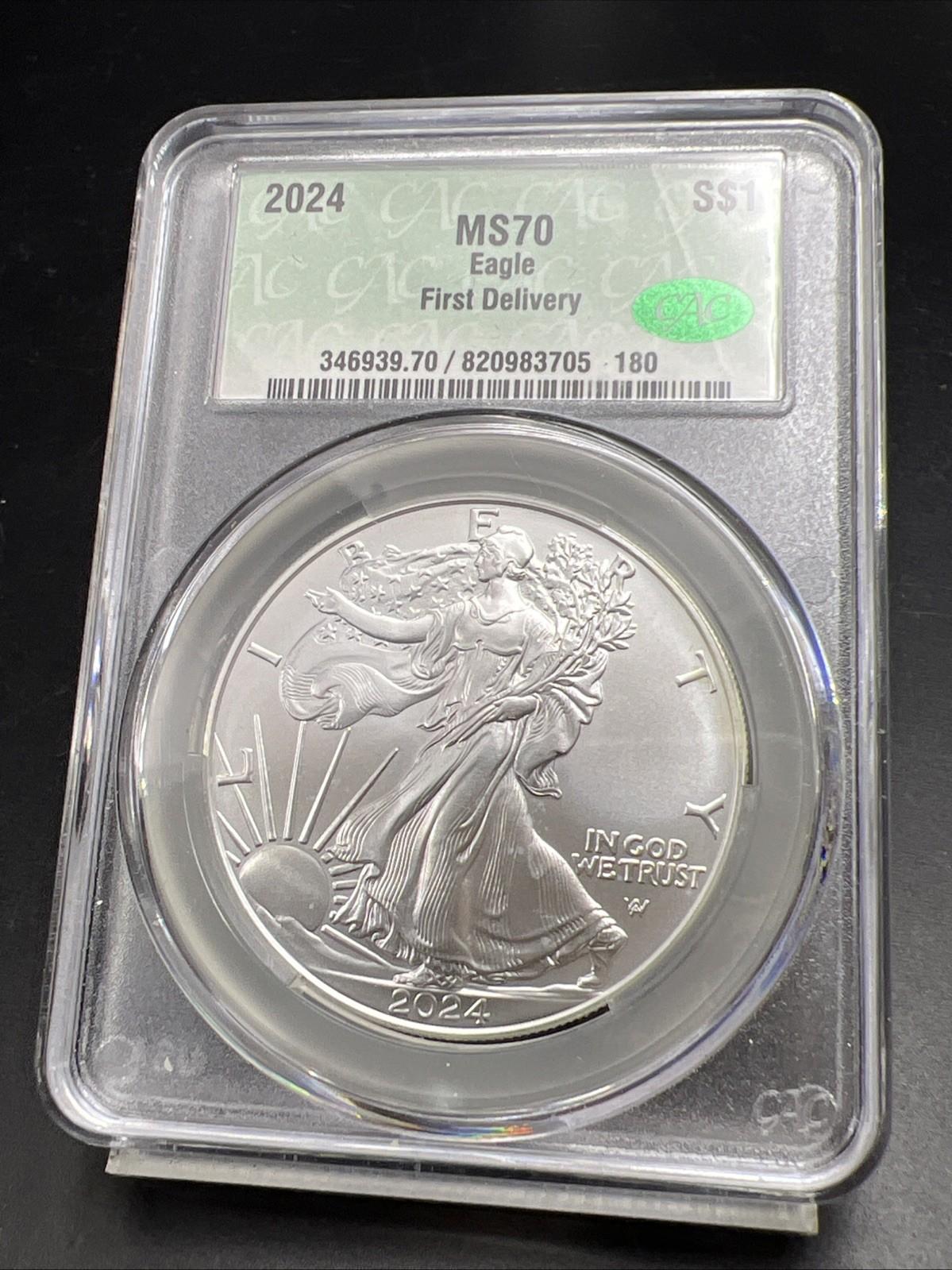 2024 1 Oz American Silver Eagle Coin CAC MS70 Gem UNC First Delivery #180