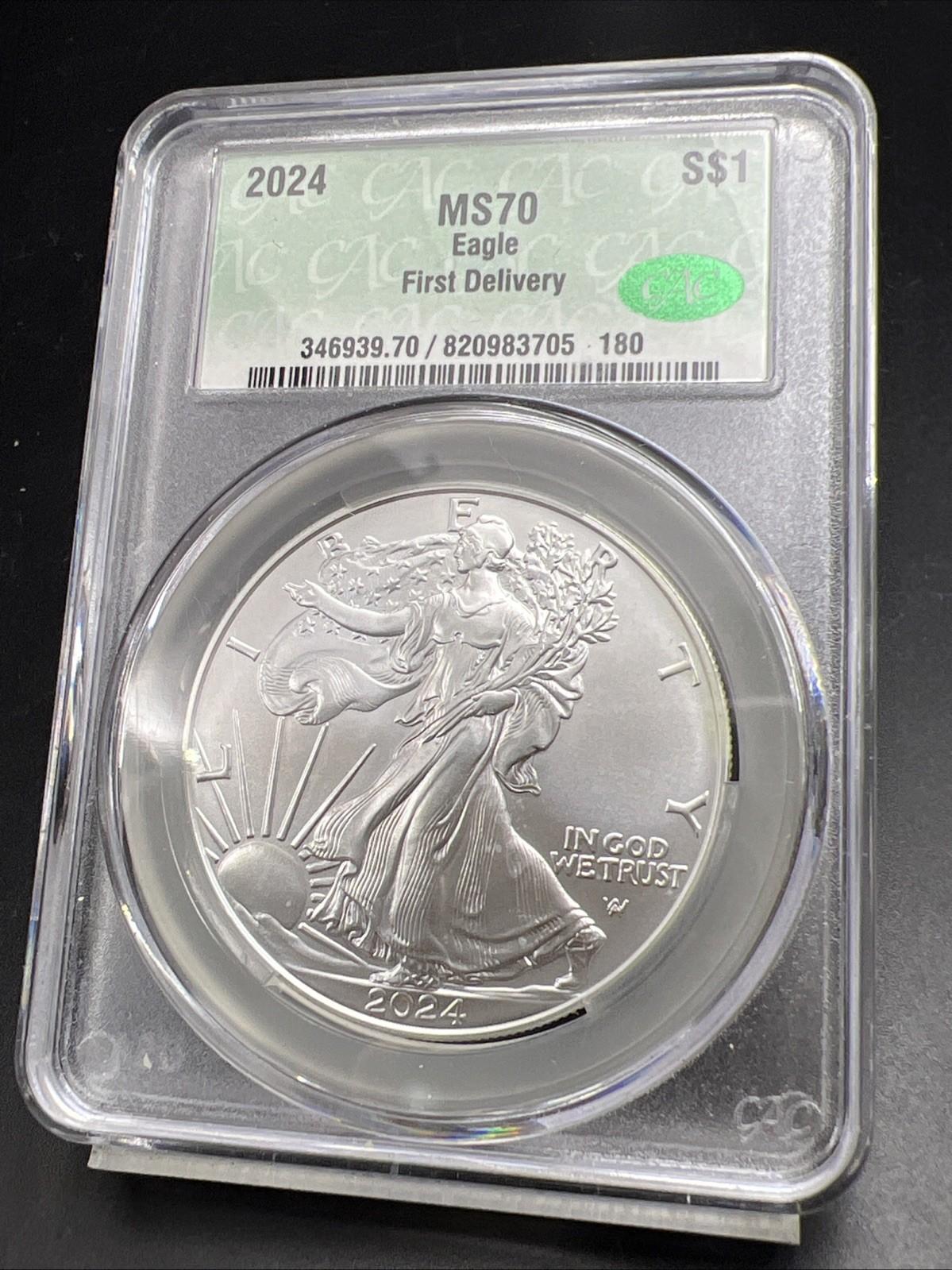 2024 1 Oz American Silver Eagle Coin CAC MS70 Gem UNC First Delivery #180