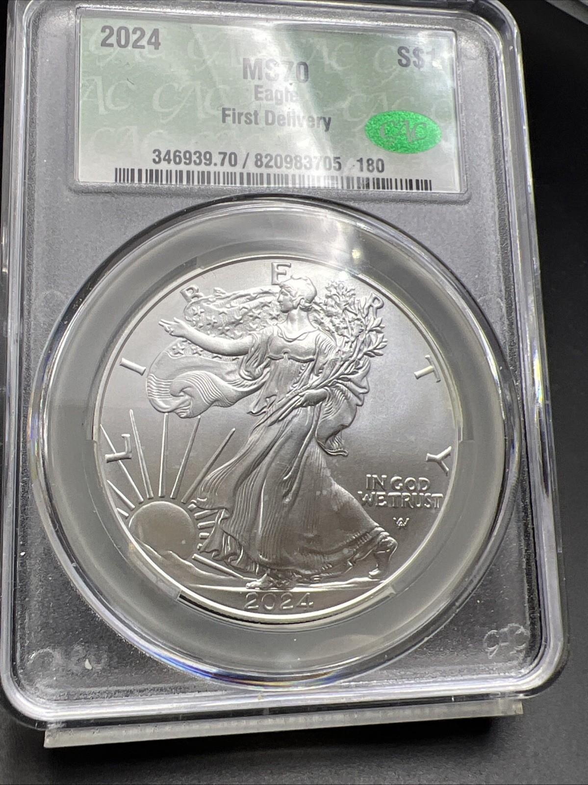 2024 1 Oz American Silver Eagle Coin CAC MS70 Gem UNC First Delivery #180