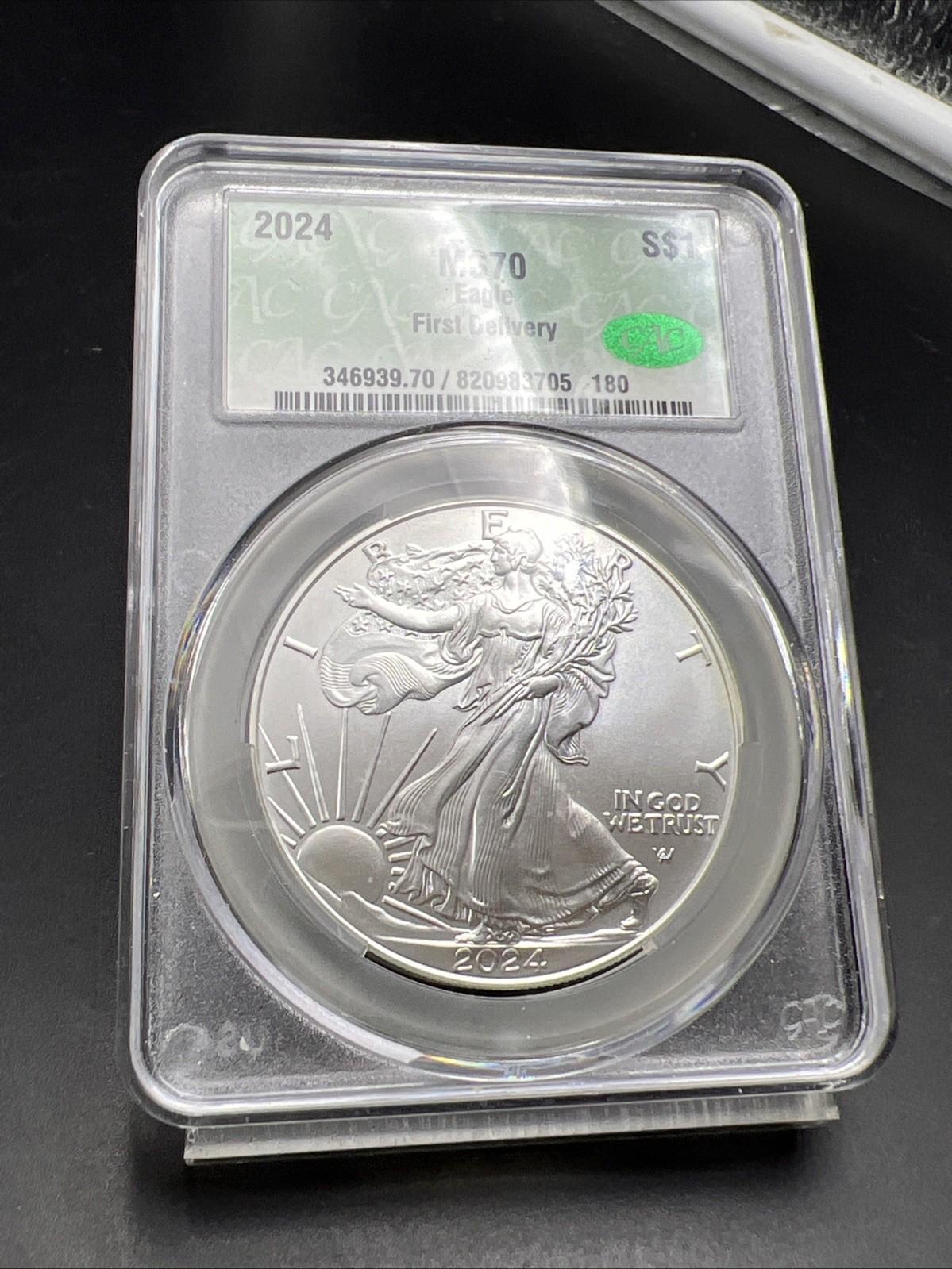 2024 1 Oz American Silver Eagle Coin CAC MS70 Gem UNC First Delivery #180