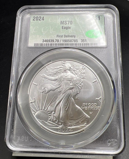 2024 1 Oz American Silver Eagle Coin CAC MS70 Gem UNC First Delivery #351