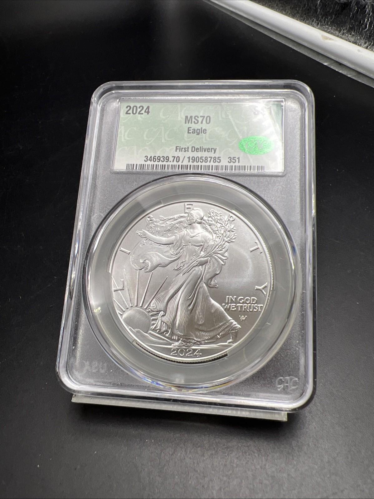 2024 1 Oz American Silver Eagle Coin CAC MS70 Gem UNC First Delivery #351