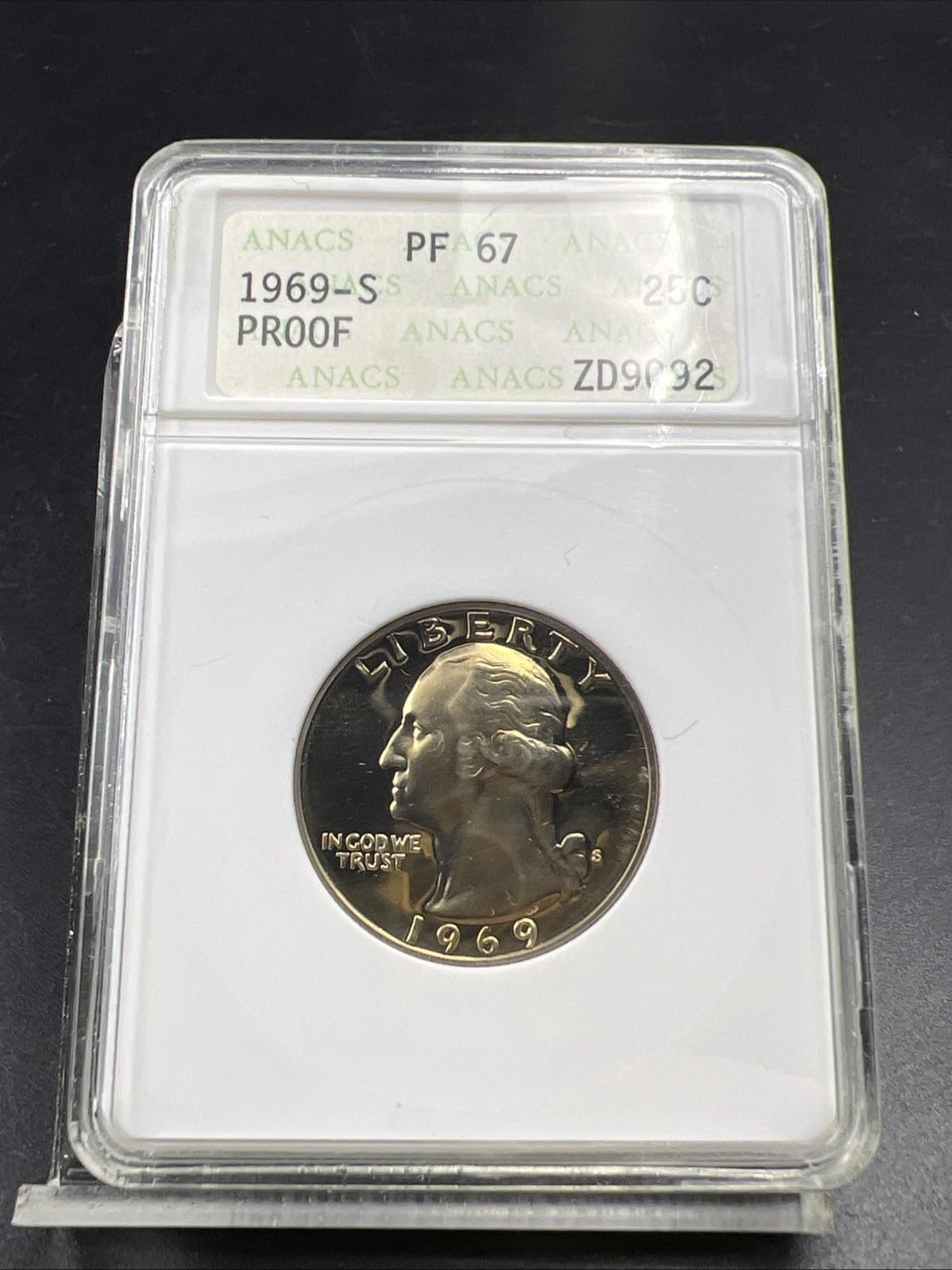 Retro ANACS Slab 1967 S 25c Washington Copper Nickel Proof Quarter PF67