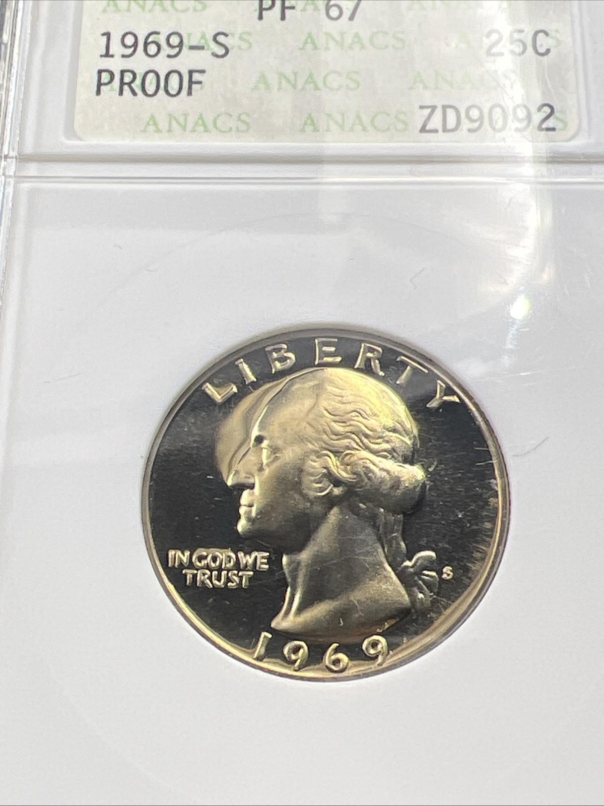 Retro ANACS Slab 1967 S 25c Washington Copper Nickel Proof Quarter PF67