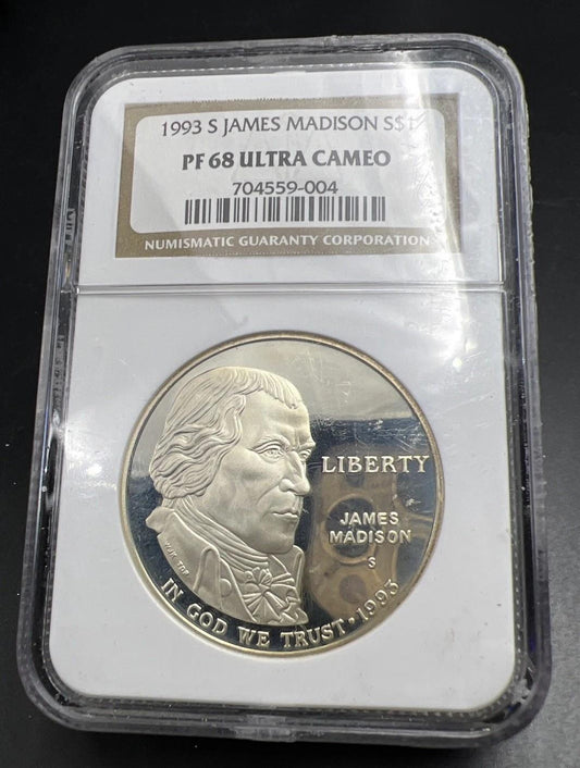 1993 S James Madison 90% Silver Commemorative Dollar Coin NGC PF68