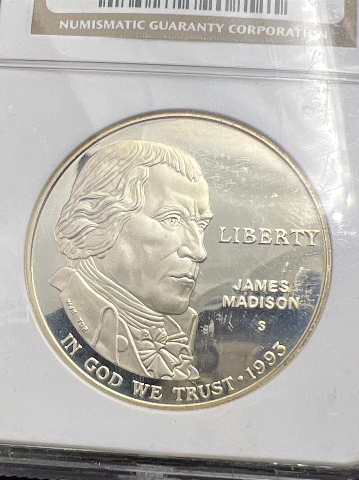 1993 S James Madison 90% Silver Commemorative Dollar Coin NGC PF68