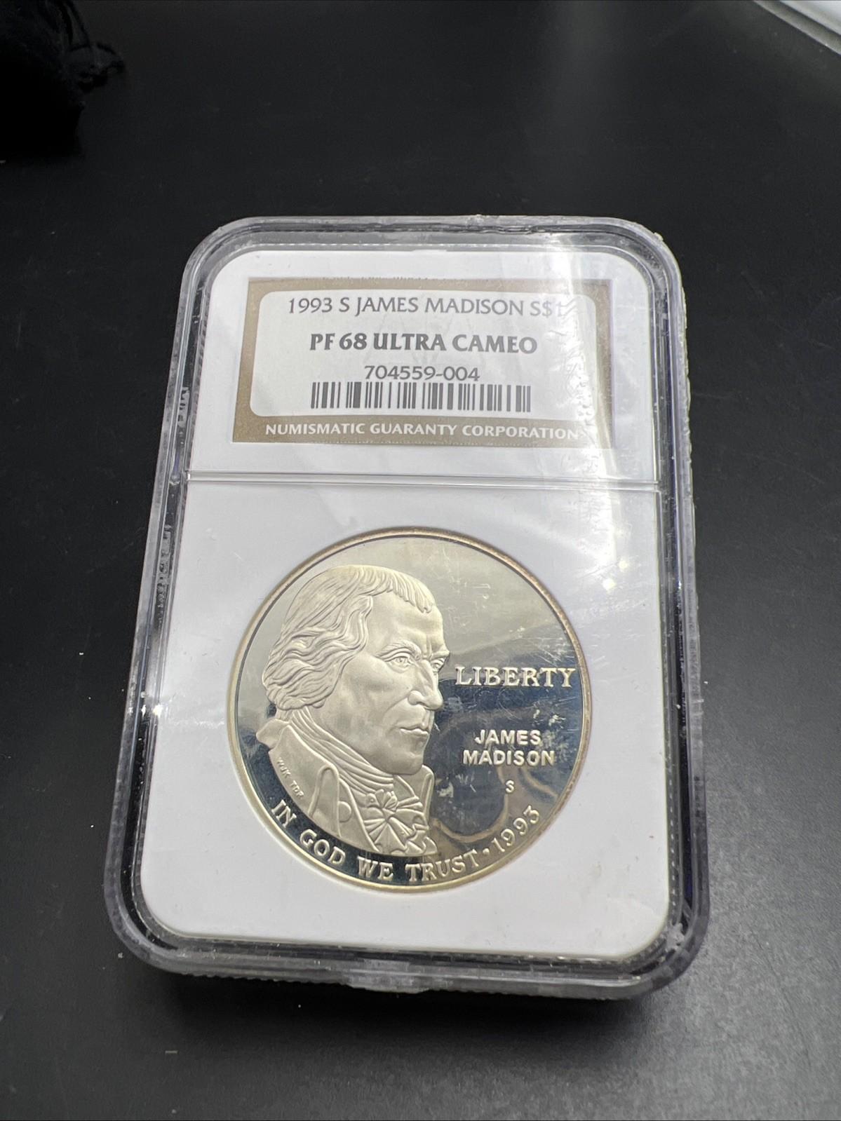 1993 S James Madison 90% Silver Commemorative Dollar Coin NGC PF68