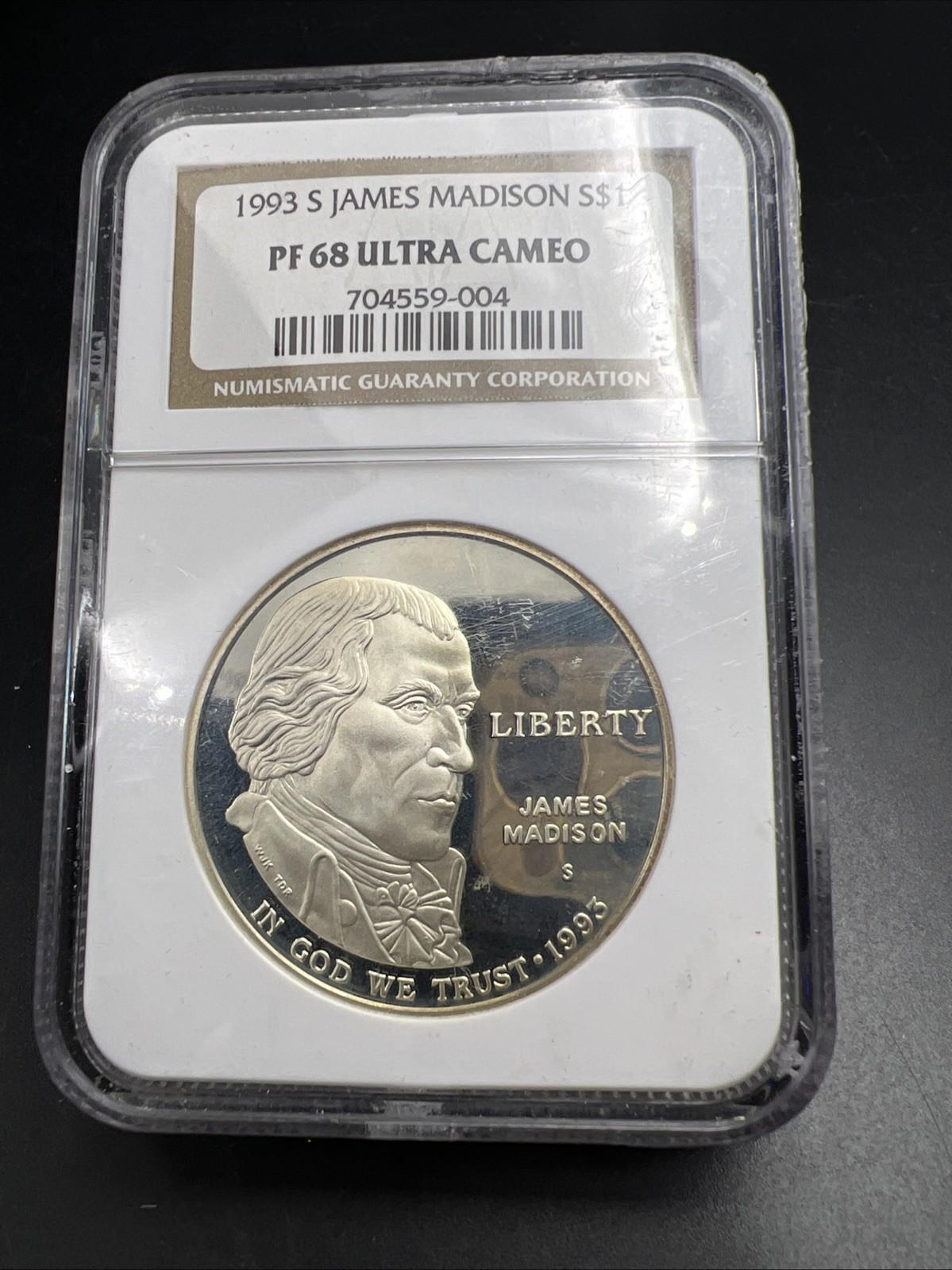 1993 S James Madison 90% Silver Commemorative Dollar Coin NGC PF68