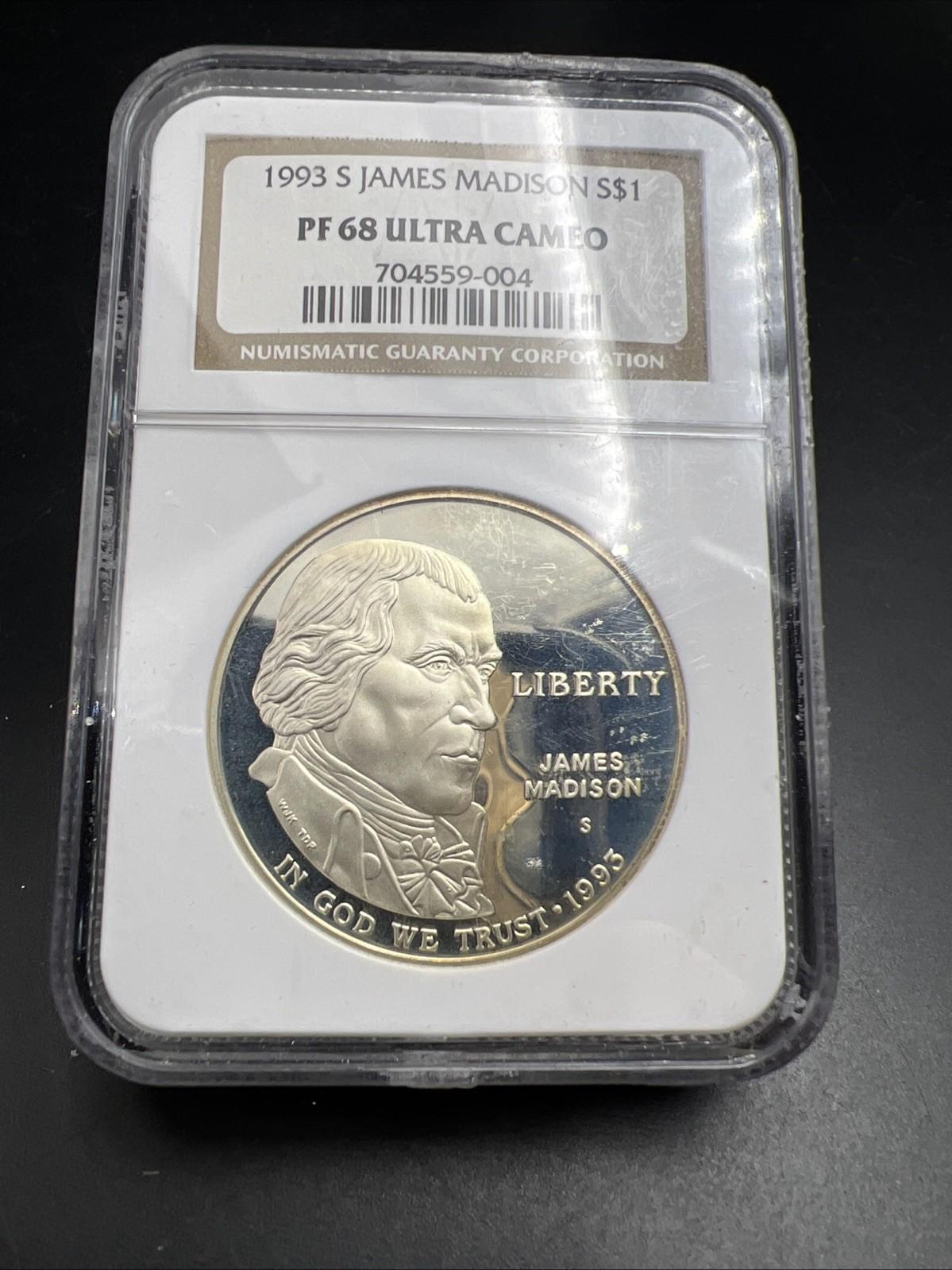 1993 S James Madison 90% Silver Commemorative Dollar Coin NGC PF68