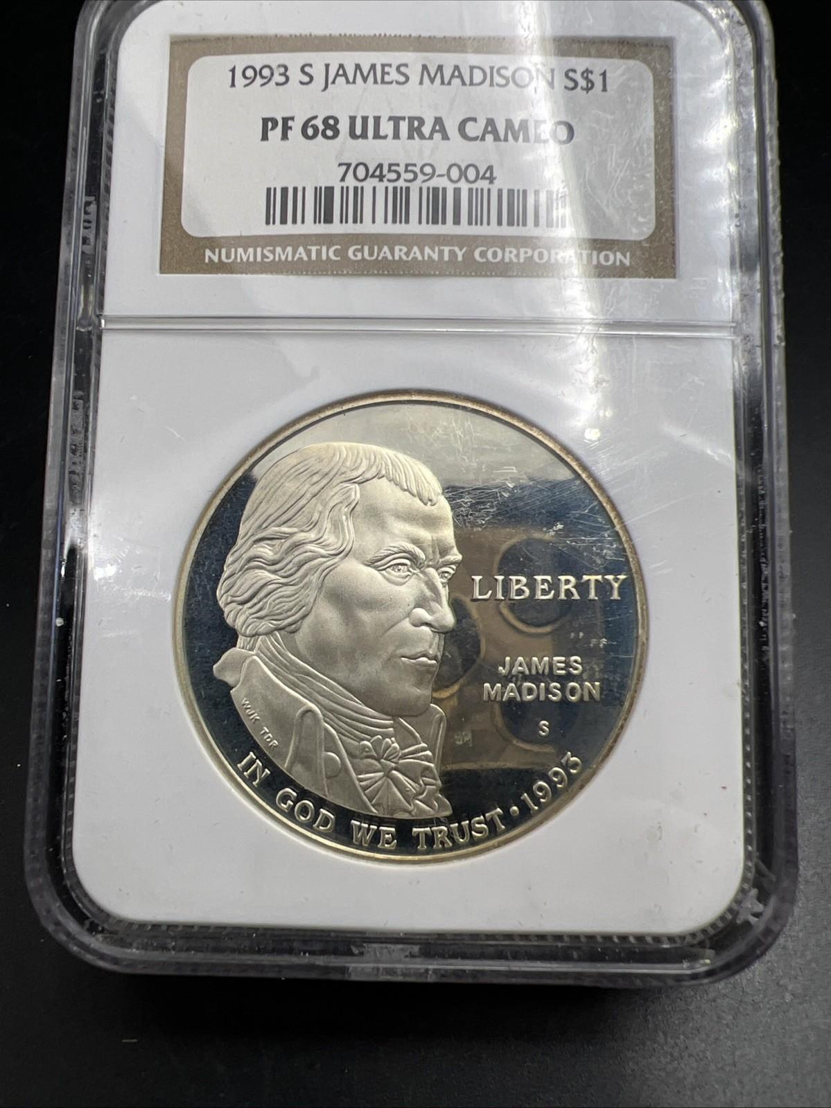 1993 S James Madison 90% Silver Commemorative Dollar Coin NGC PF68