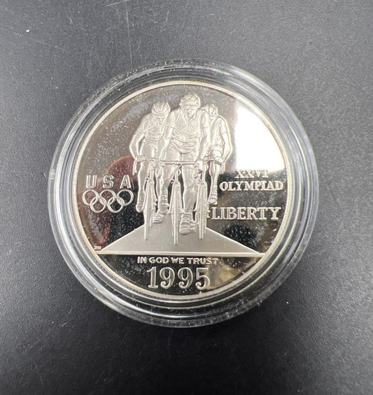 1995 P Atlanta Olympics Cycling Commemorative Silver Dollar Coin Gem Proof n Cap