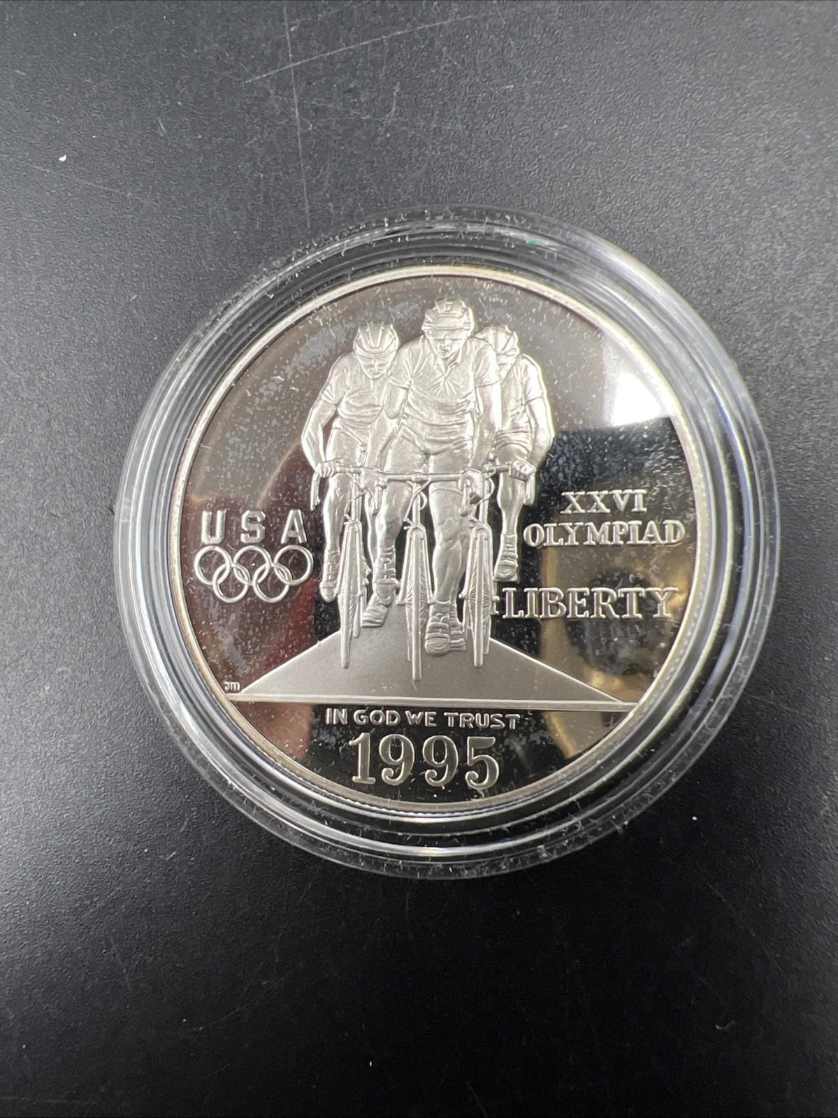 1995 P Atlanta Olympics Cycling Commemorative Silver Dollar Coin Gem Proof n Cap