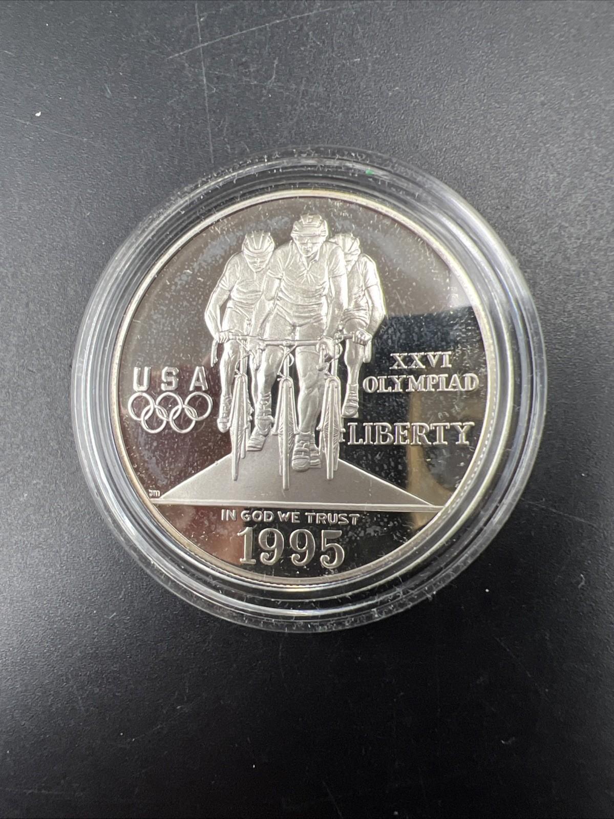 1995 P Atlanta Olympics Cycling Commemorative Silver Dollar Coin Gem Proof n Cap