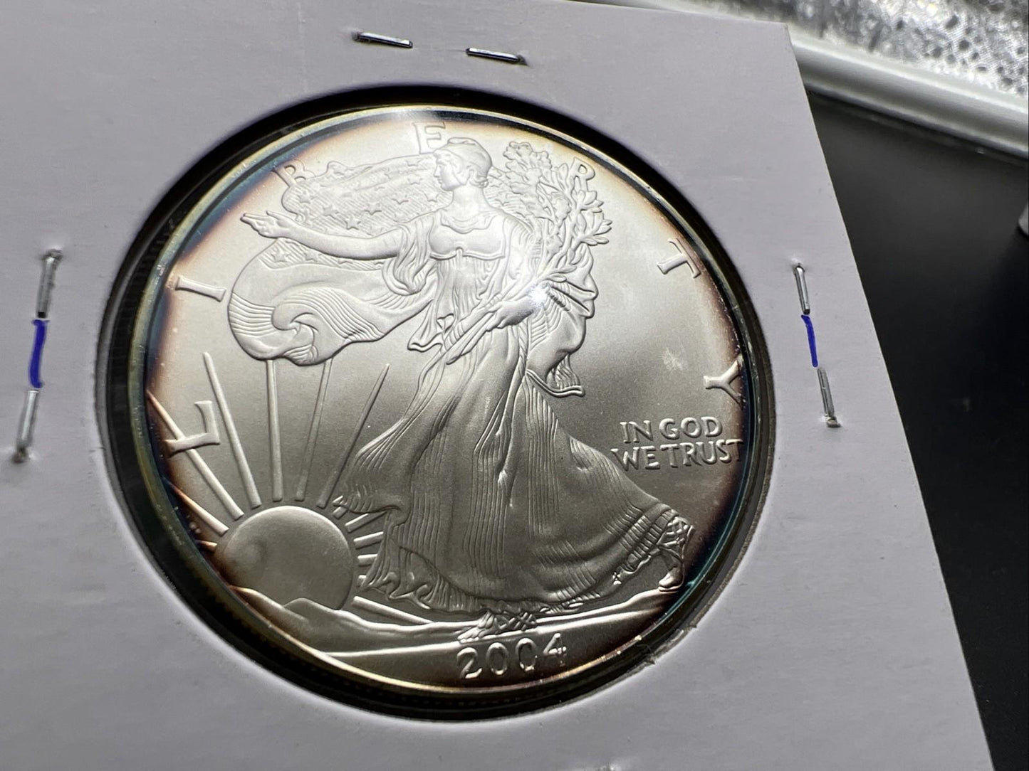 2004 1 OZ American Silver Eagle GEM BU Unc .999 Nice Toning Toner Nearly Halo