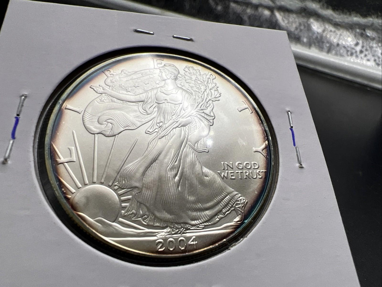 2004 1 OZ American Silver Eagle GEM BU Unc .999 Nice Toning Toner Nearly Halo