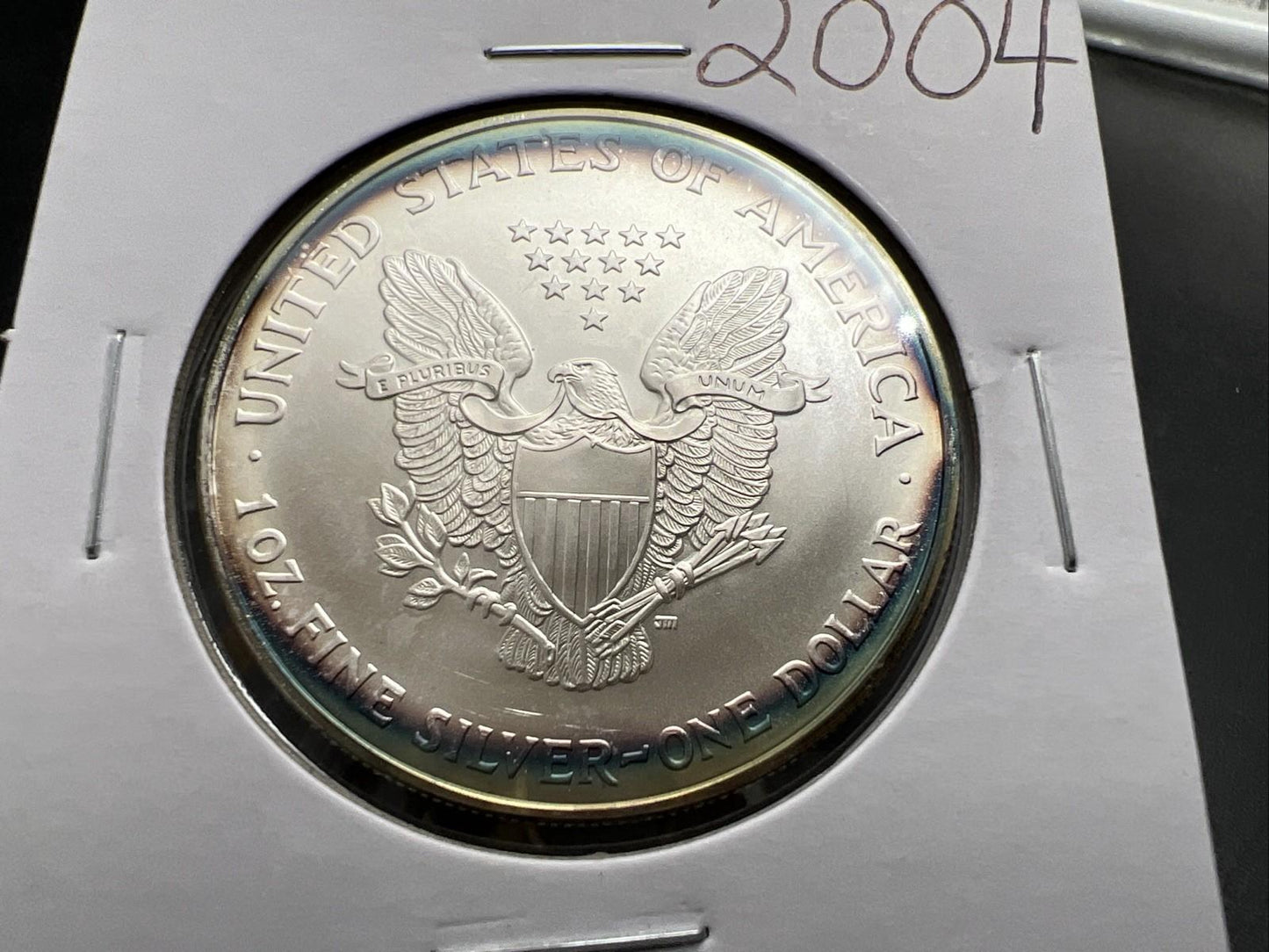 2004 1 OZ American Silver Eagle GEM BU Unc .999 Nice Toning Toner Nearly Halo