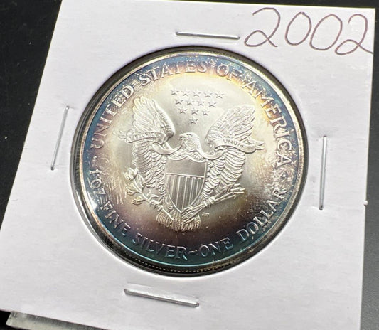 2002 1 OZ American Silver Eagle GEM BU Unc .999 Nice Toning Toner Nearly Halo